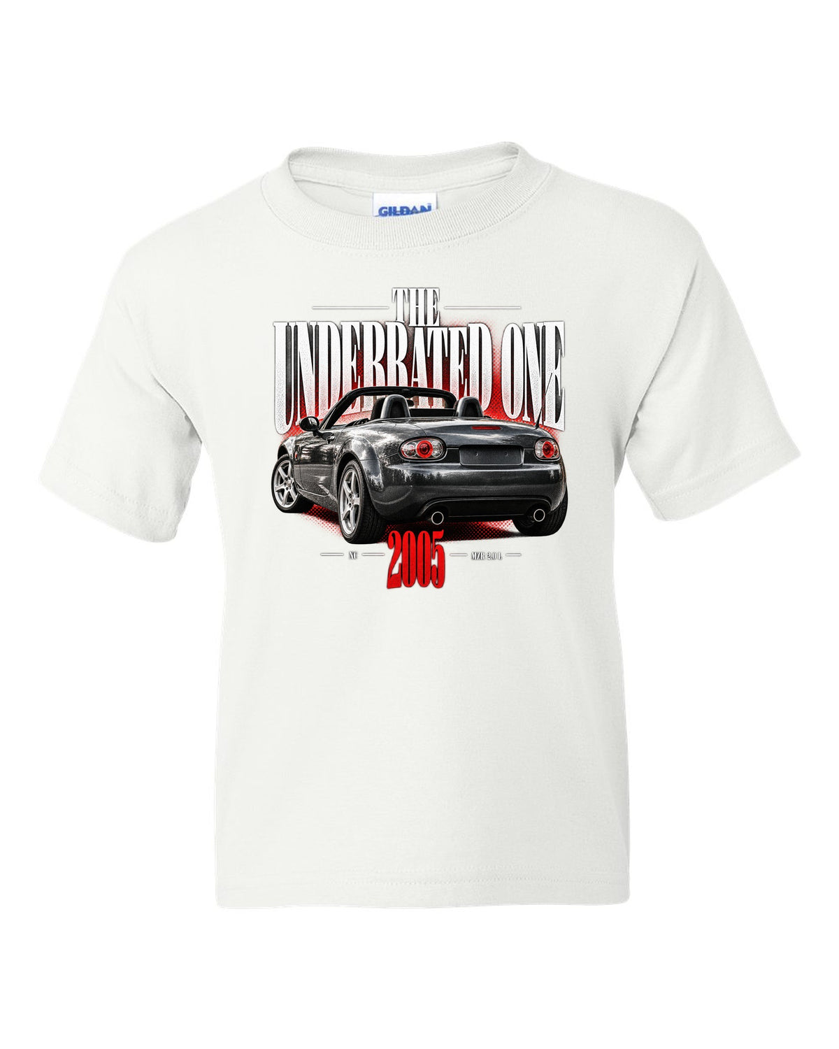 Editorial headline print of a Mazda MX-5 NC with underrated generation lettering white kids tee front view with the design