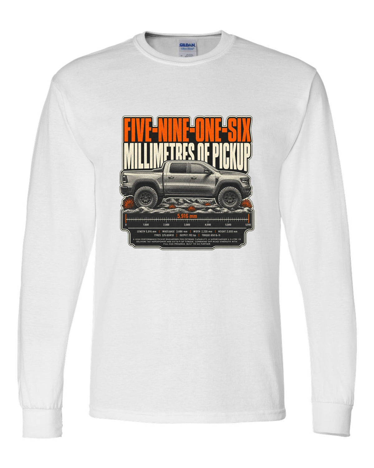 Ram 1500 TRX halftone print with 5916 millimetres text white long sleeve front view with the design