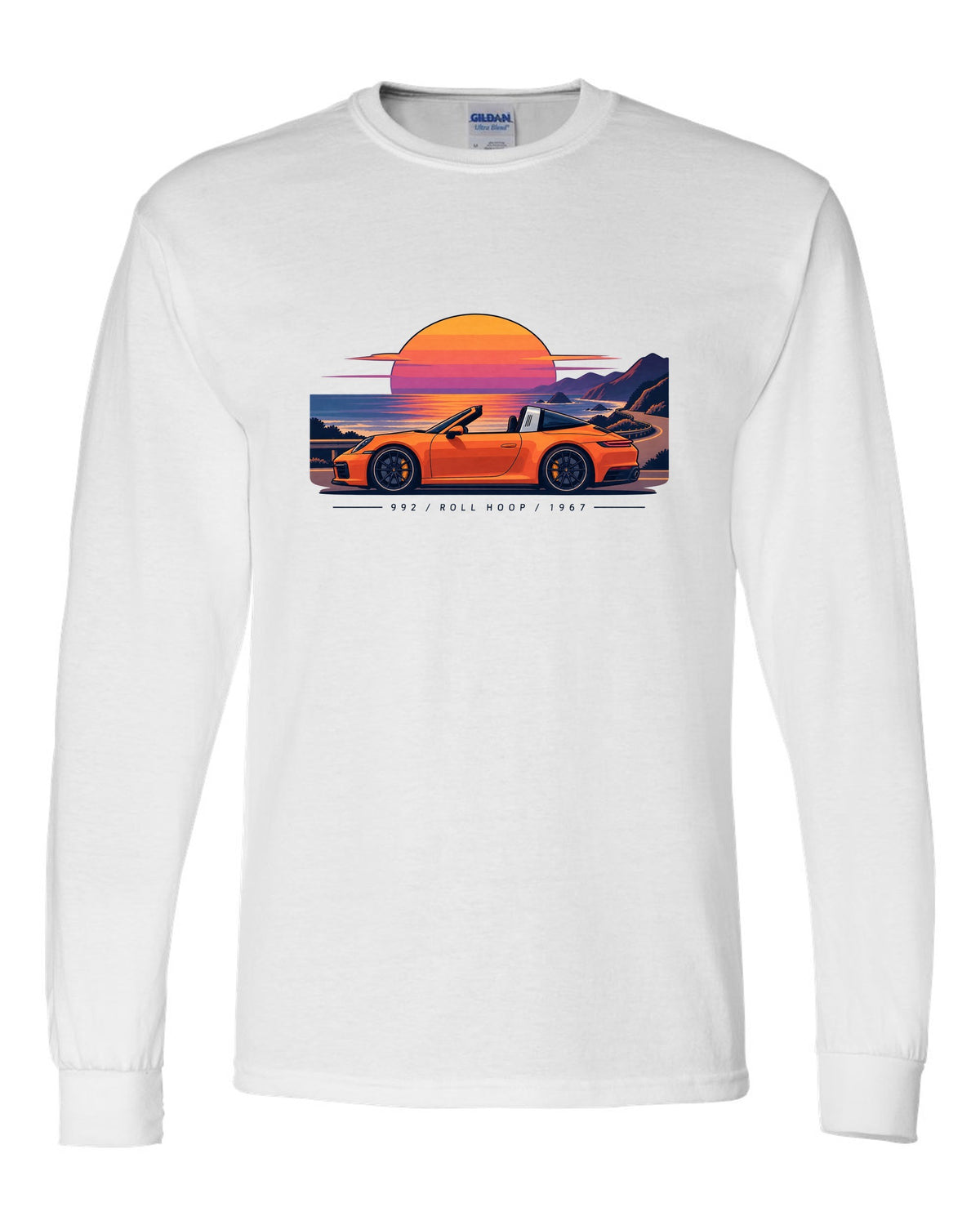 Porsche 997 GT3 RS exploded view diagram design in orange with Mezger lettering white long sleeve front view with the design