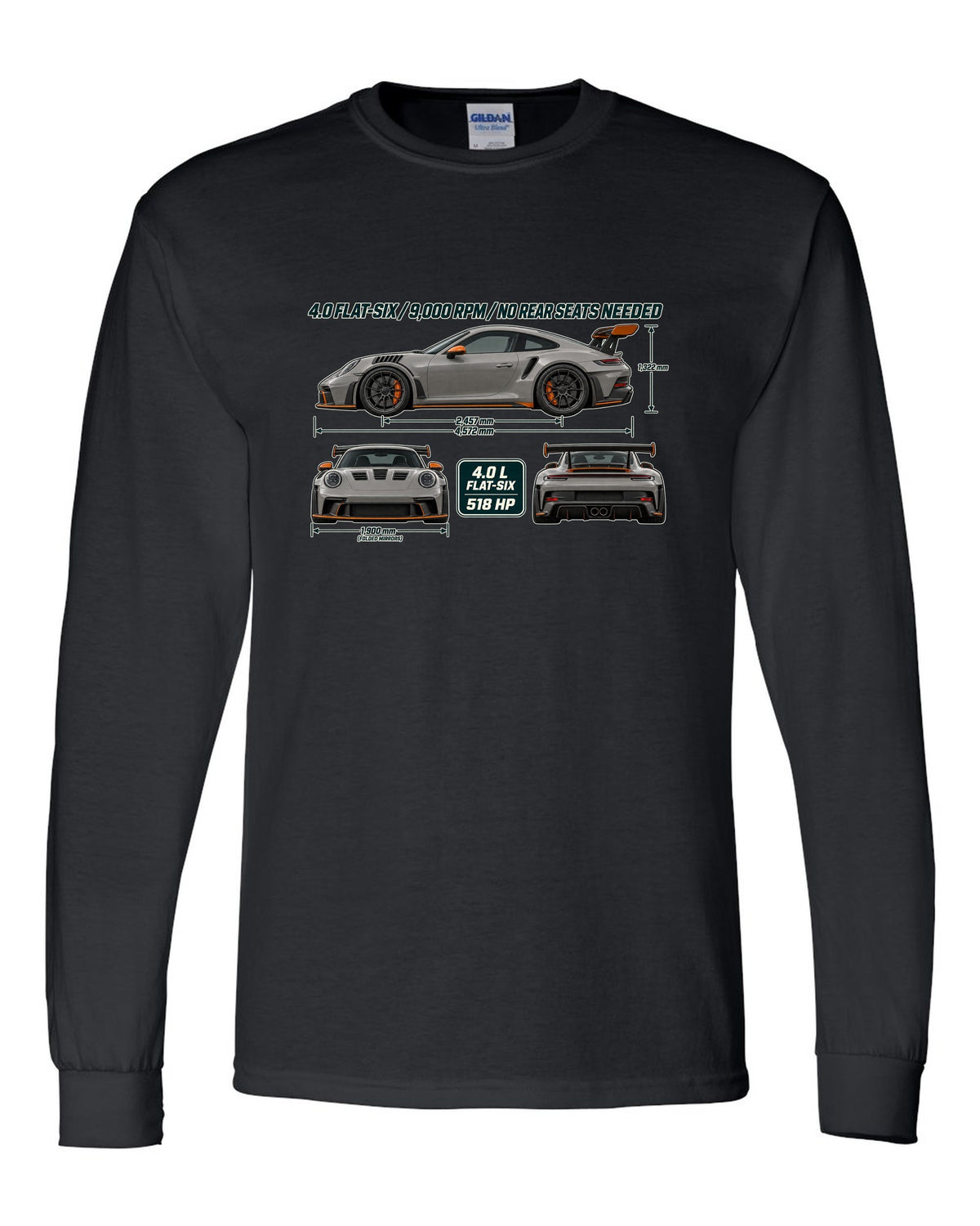 Three-view drawing and spec table of a Porsche 911 GT3 RS 992 in warm grey black long sleeve front view with the design