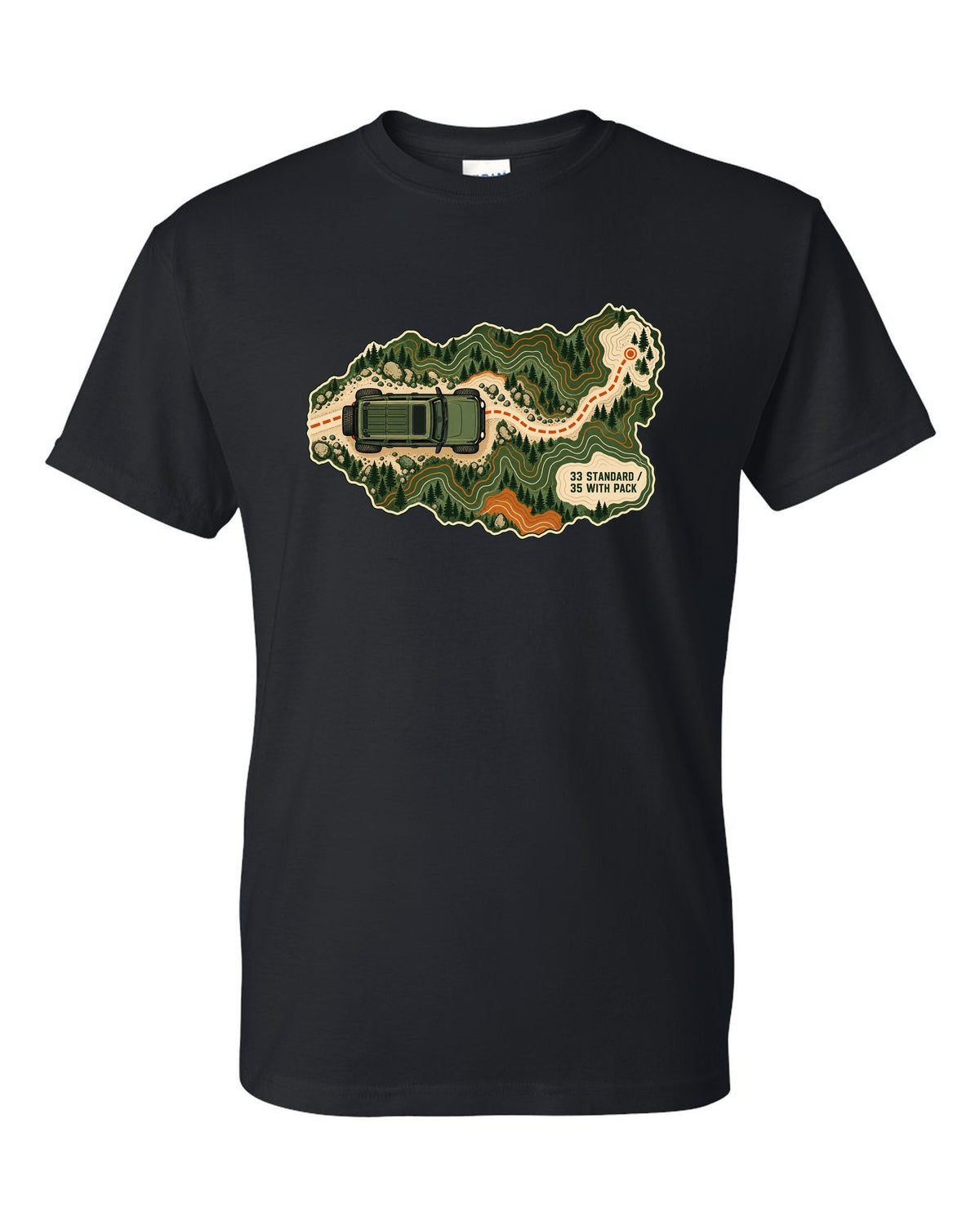 Topographic route map art of a 2021 Ford Bronco 4-door Badlands with 33 STANDARD 35 WITH PACK notes black t-shirt front view with the design