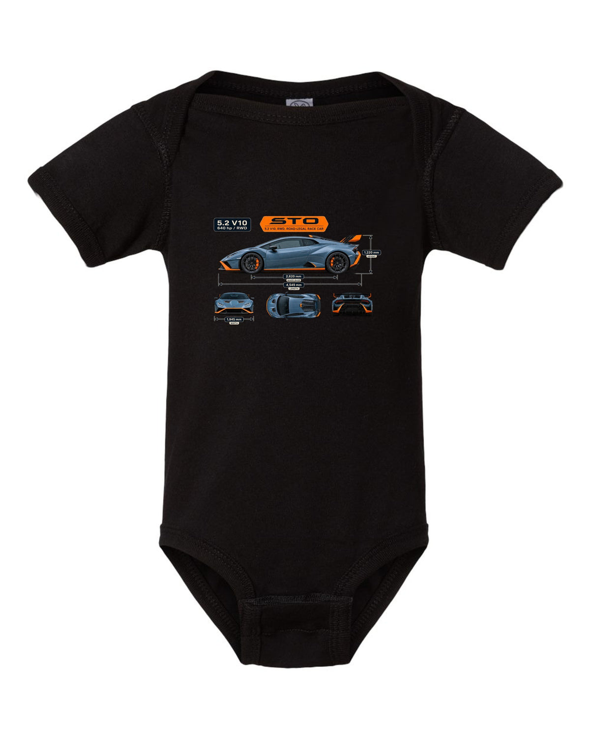 Dimension blueprint print of the Lamborghini Huracan STO black baby onesie front view with the design