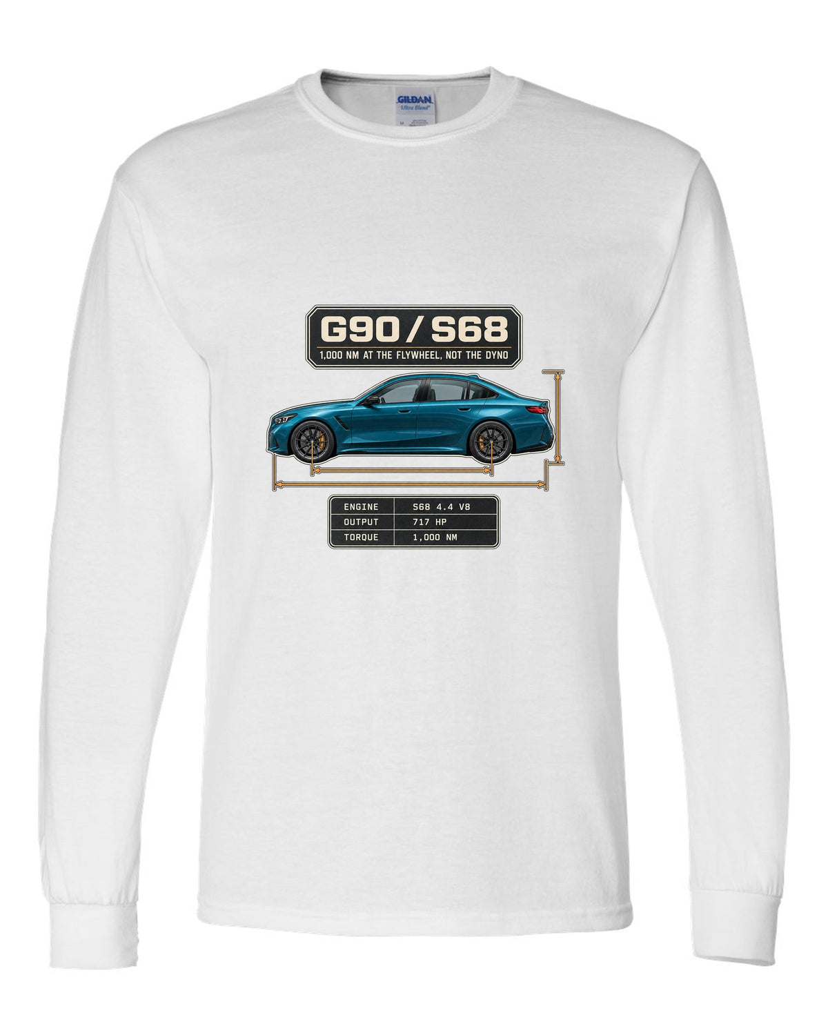 BMW M5 G90 sedan dimension blueprint profile print on a tee white long sleeve front view with the design