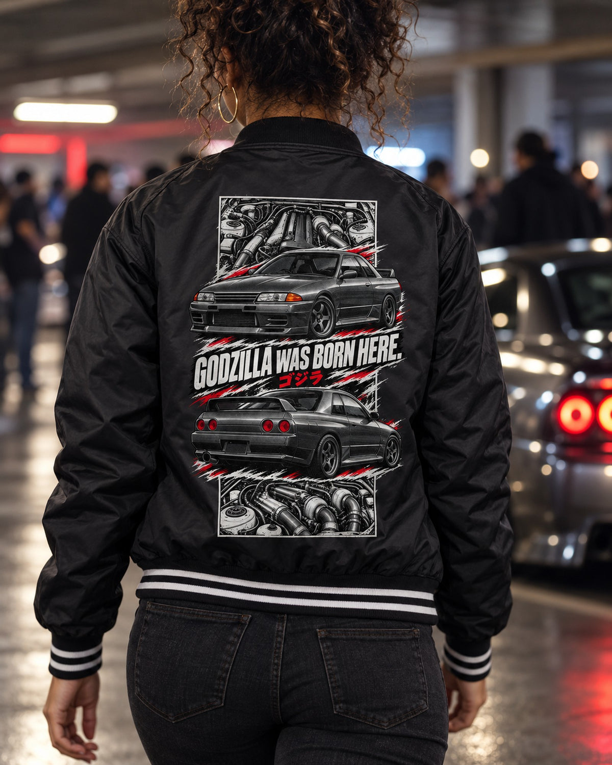 Nissan Skyline GT-R R32 Torn Poster Full-Back Graphic Tee Bomber Jacket Black worn hero