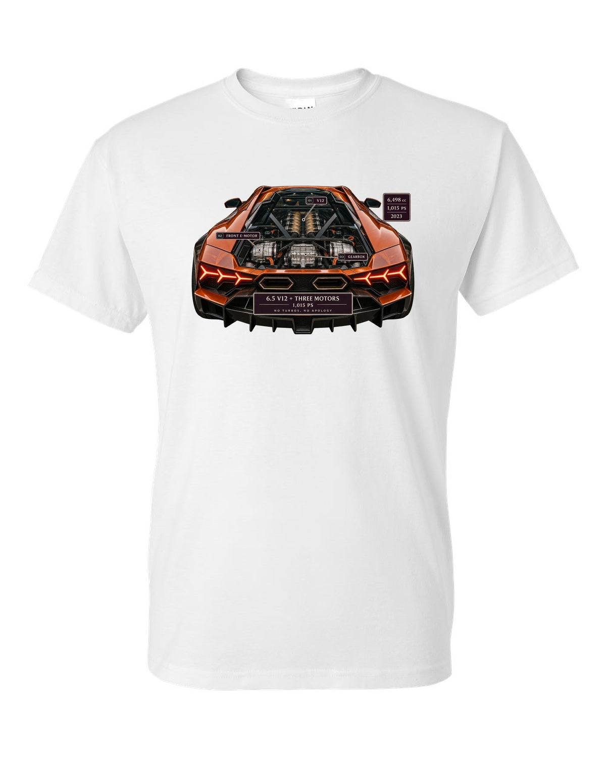 Engine hero print of a burnt orange Lamborghini Revuelto V12 white t-shirt front view with the design