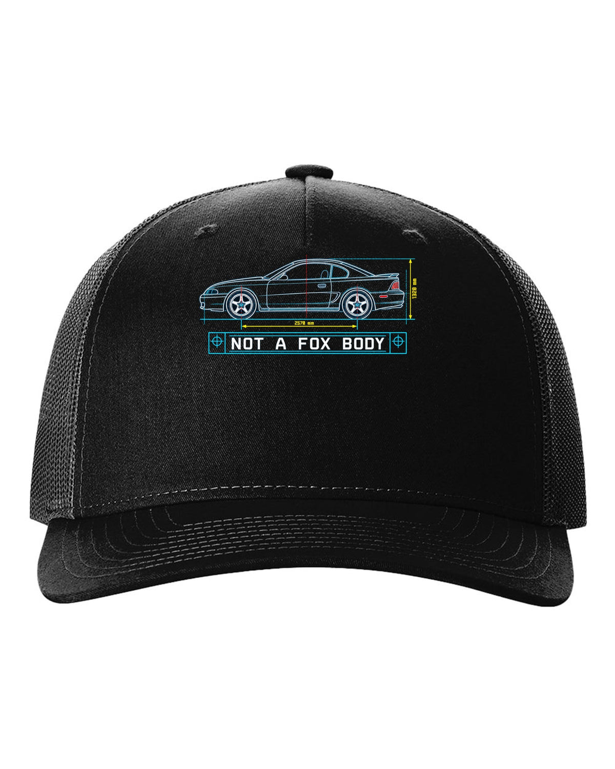 1994-98 SN95 Mustang Coupe Blueprint black hat front view with the design
