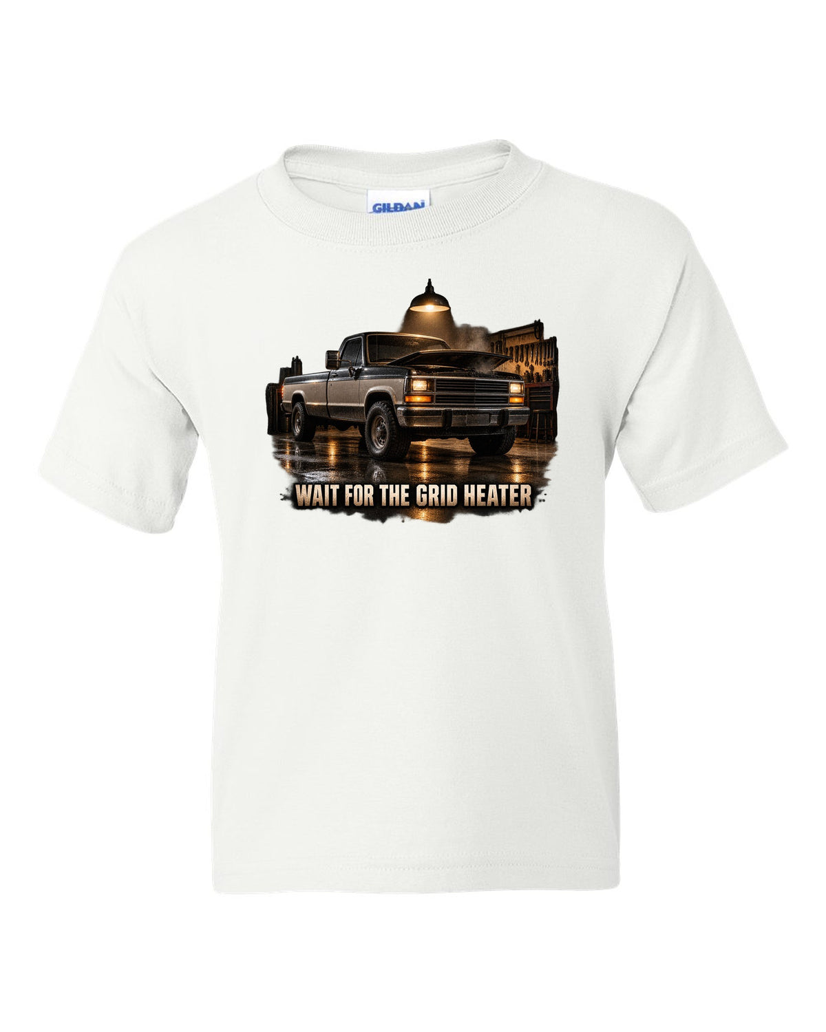 Dodge D250 first generation in a night garage with the text Wait For The Grid Heater white kids tee front view with the design