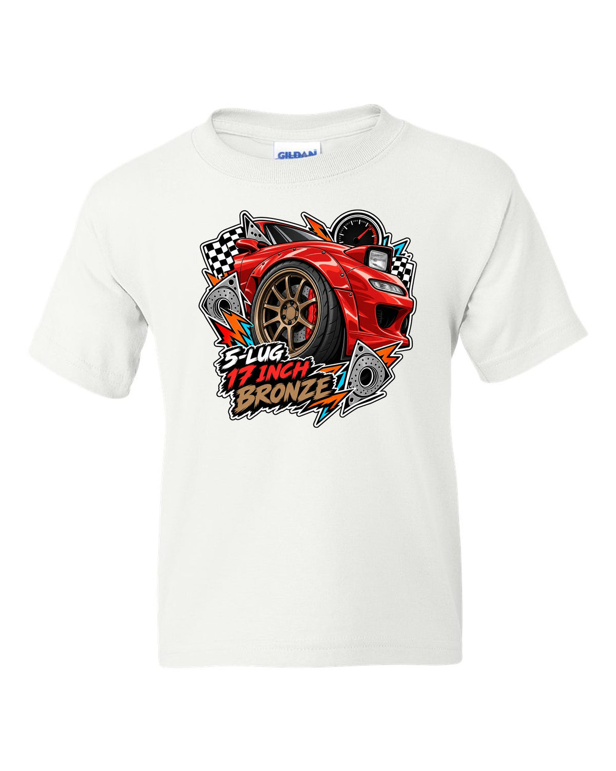 Gauge cluster print of a Mazda RX-7 FD3S boost needle with the text Boost Leak Somewhere white kids tee front view with the design