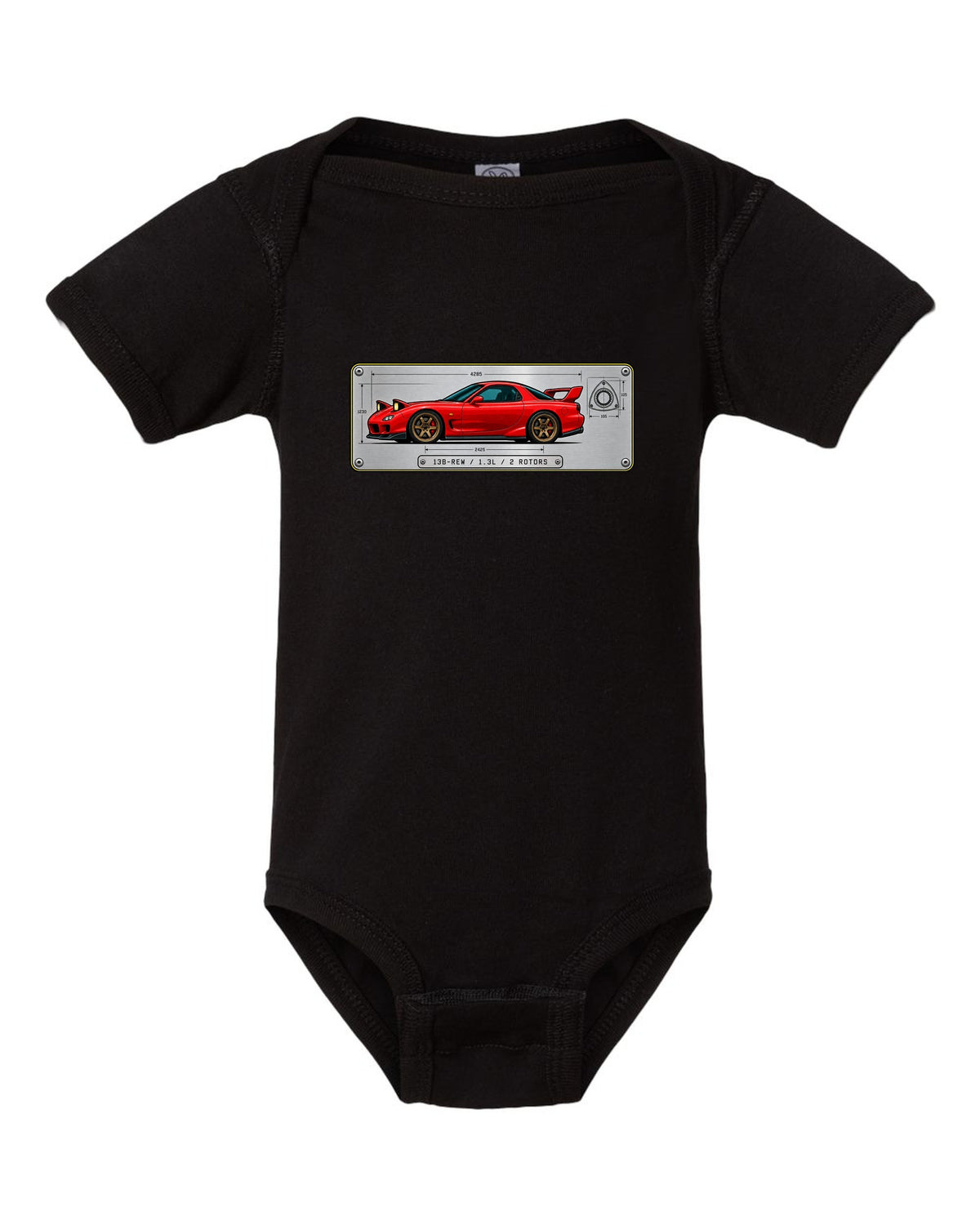 Spec plate print for a Mazda RX-7 FD3S listing 13B-REW, 1.3L and 2 rotors black baby onesie front view with the design