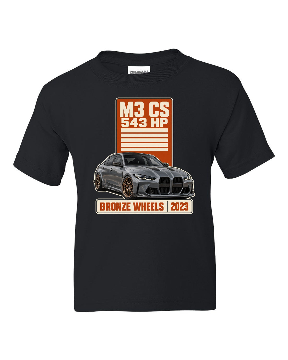 BMW M3 CS G80 spec poster print with 543 hp and bronze wheels text black kids tee front view with the design