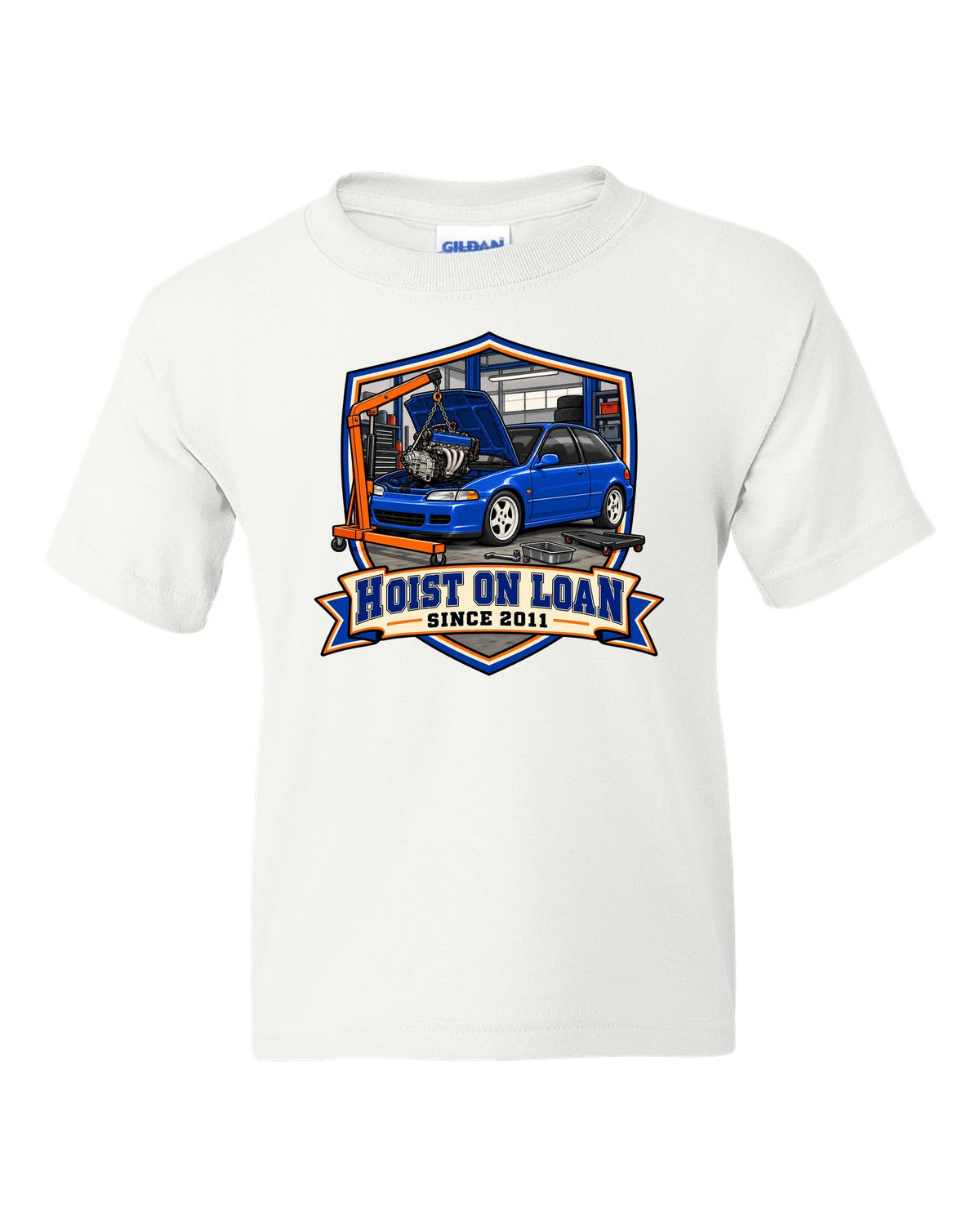 Embroidery patch style print of a 1992 Honda Civic EG6 ch with hoist on loan since 2011 text white kids tee front view with the design