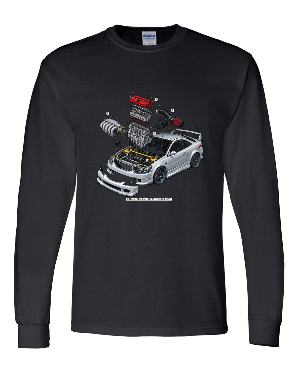 Exploded K20A engine diagram print of a 2002 Honda Integra DC5 ch with red cam cover text black long sleeve front view with the design