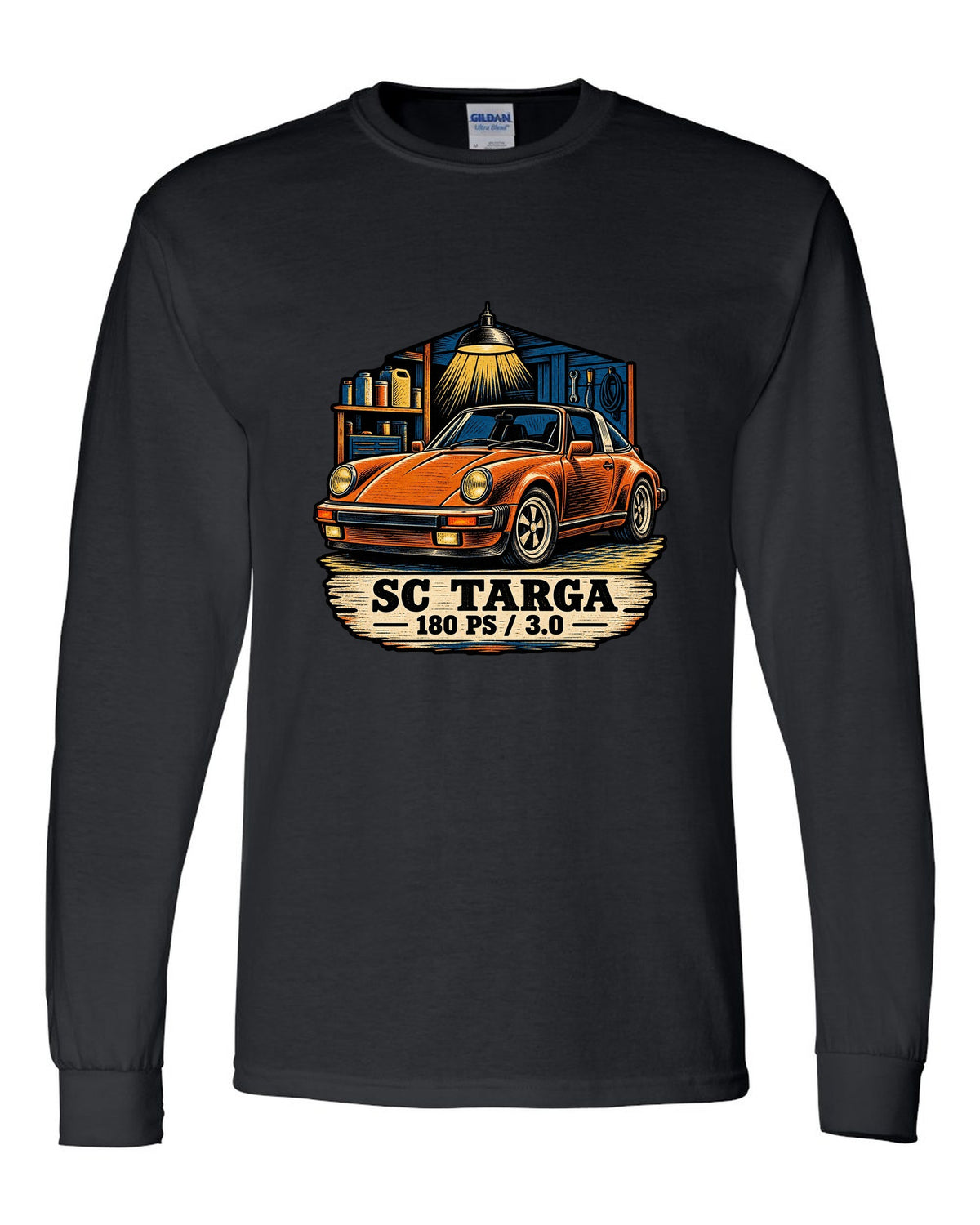 Blueprint line art print of a Porsche 356 A 1.6 L flat-four engine with the text 1600, 60 HP and fan on top black long sleeve front view with the design