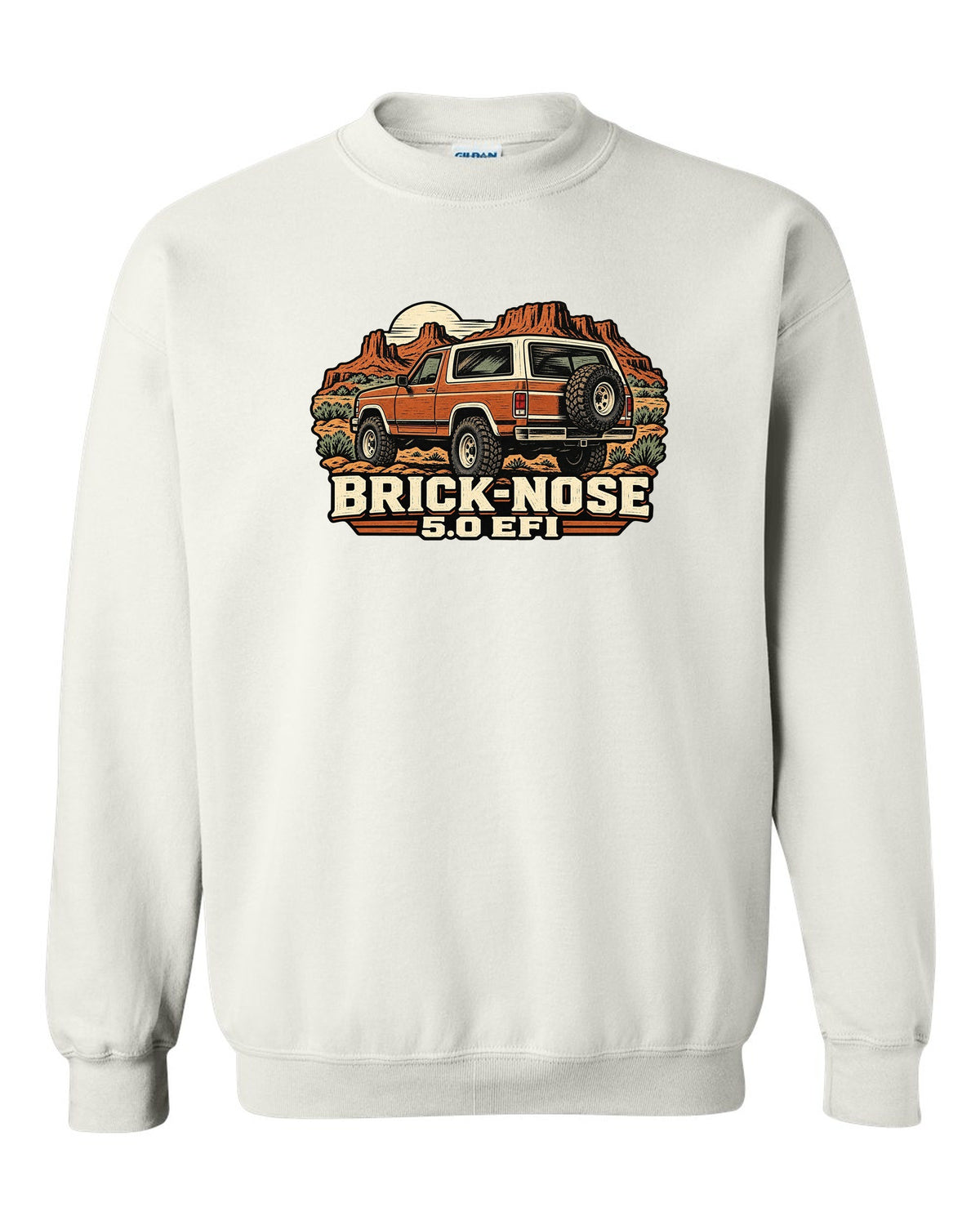 Ford Bronco Brick-Nose 1987-1991 rear in a linocut woodcut print white crewneck front view with the design