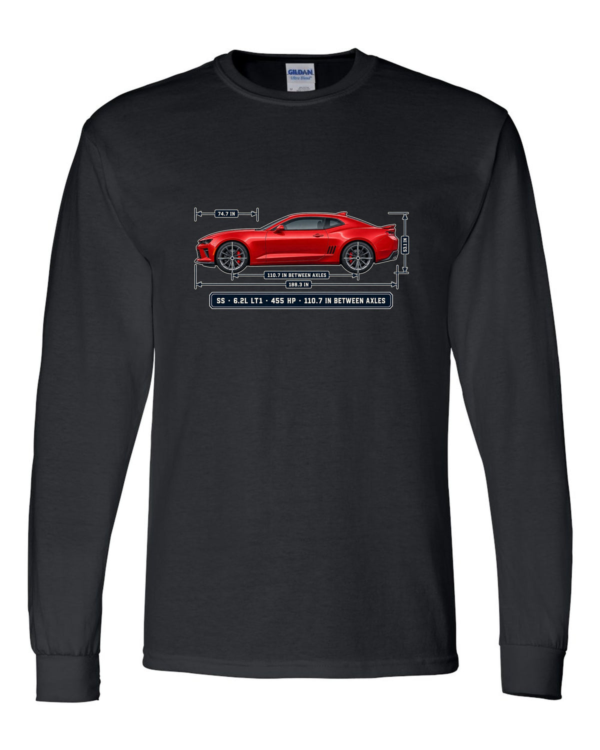 Dimension blueprint print of a 6th generation Chevrolet Camaro SS coupe black long sleeve front view with the design