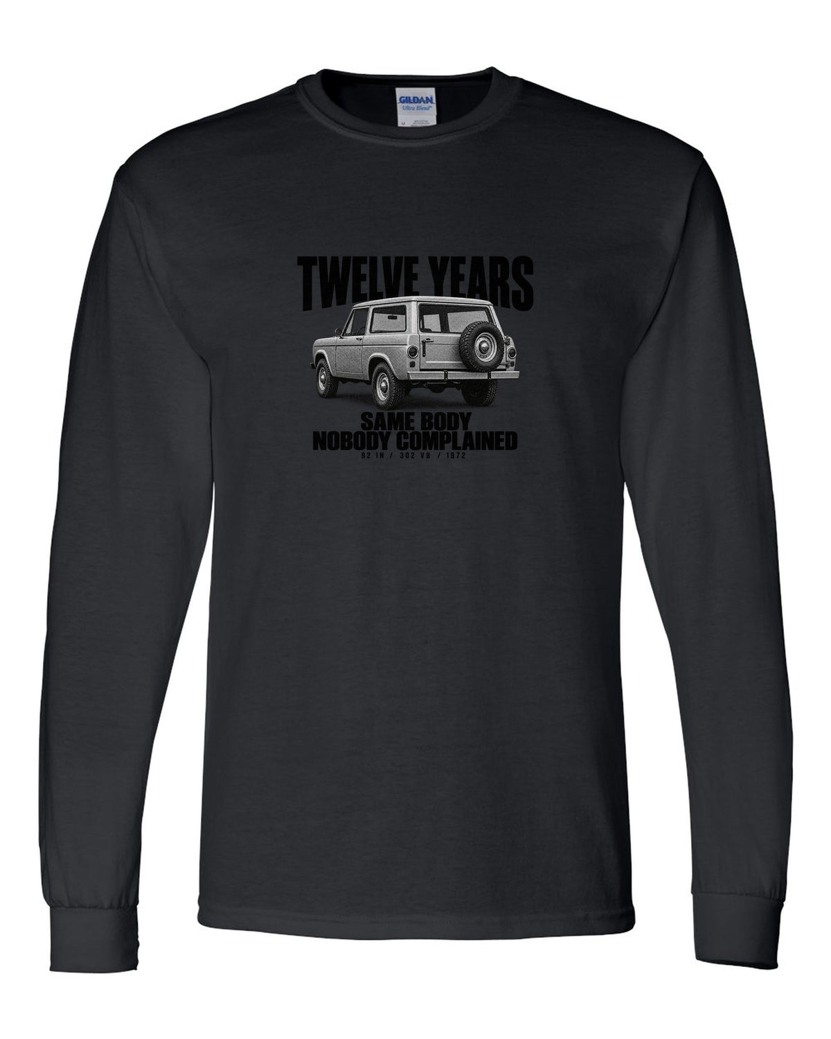 Ford Early Bronco U15 wagon halftone print with twelve years, same body text black long sleeve front view with the design