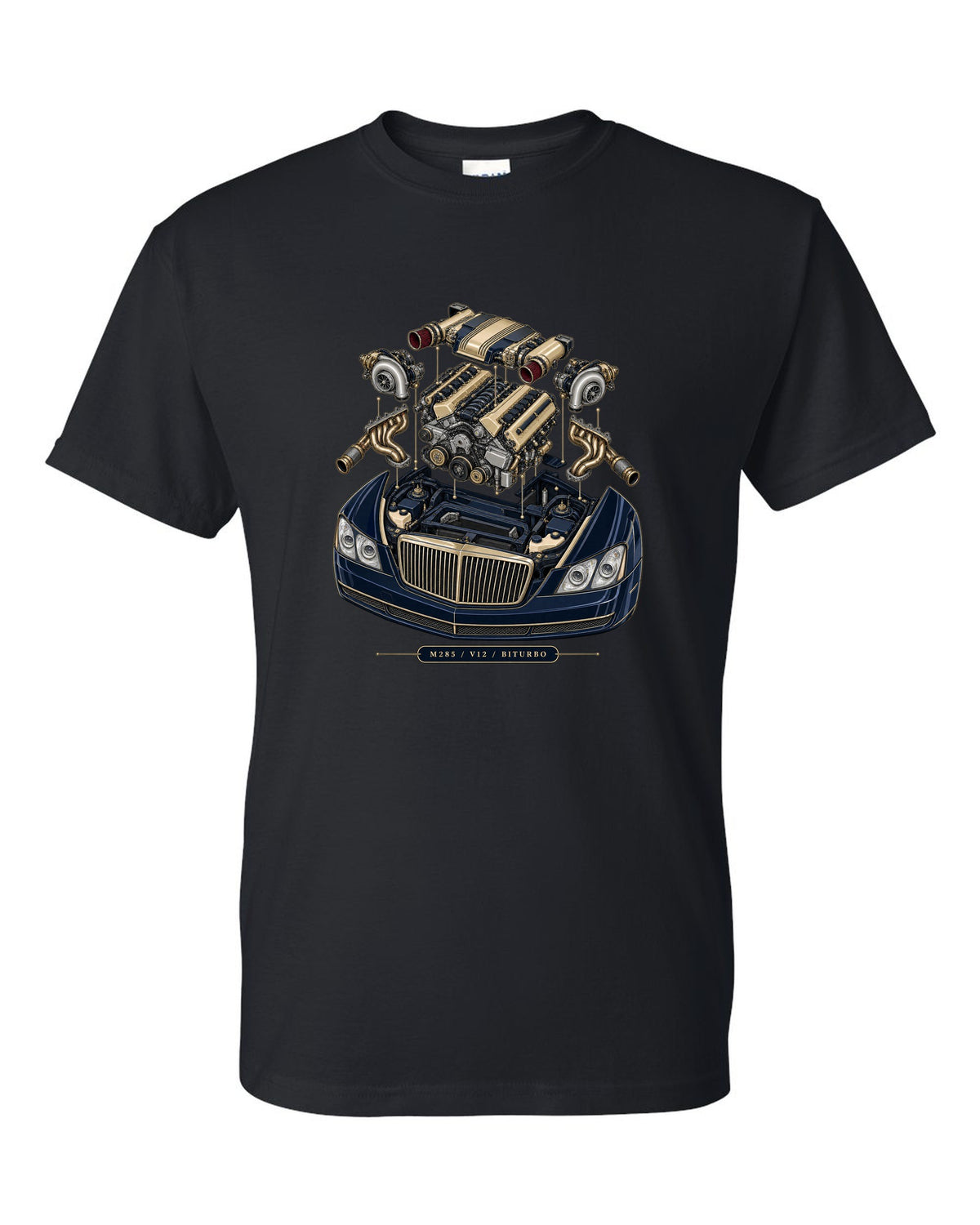 Pastel vaporwave rear view of the one-off Maybach Exelero on a shirt back black t-shirt front view with the design