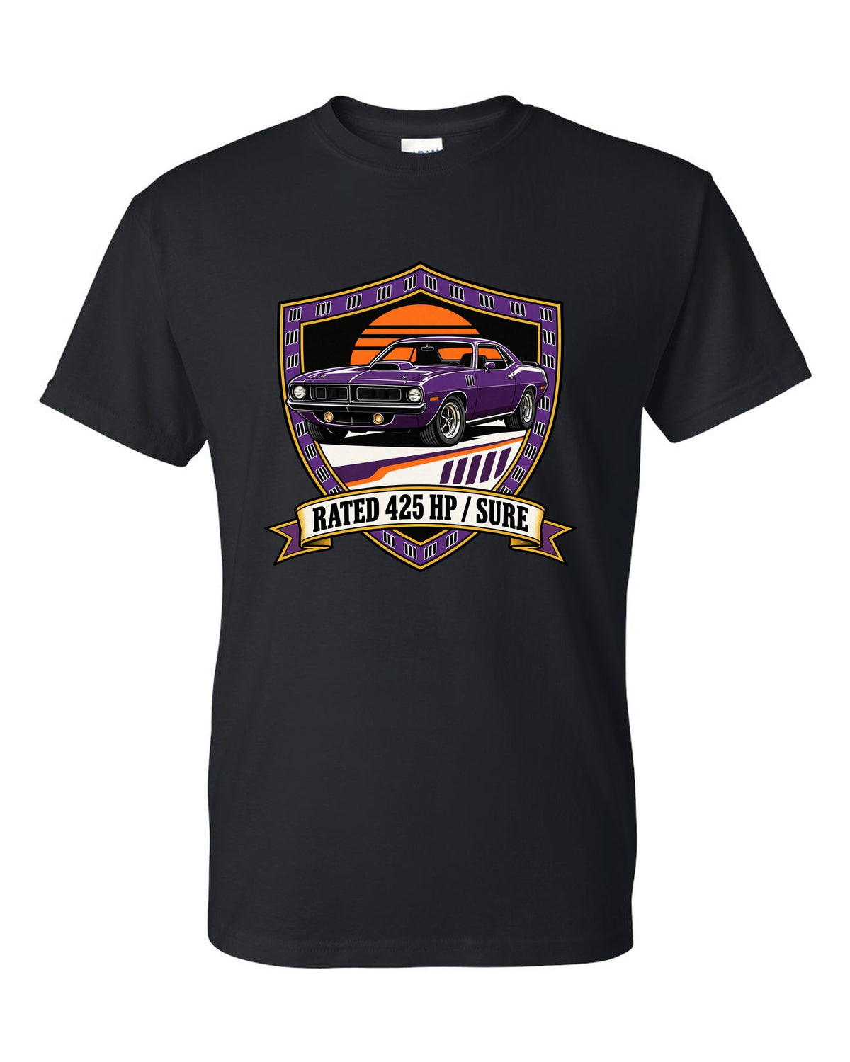 Original shield crest design for a 1970 Plymouth Hemi Cuda with rated 425 HP sure text black t-shirt front view with the design