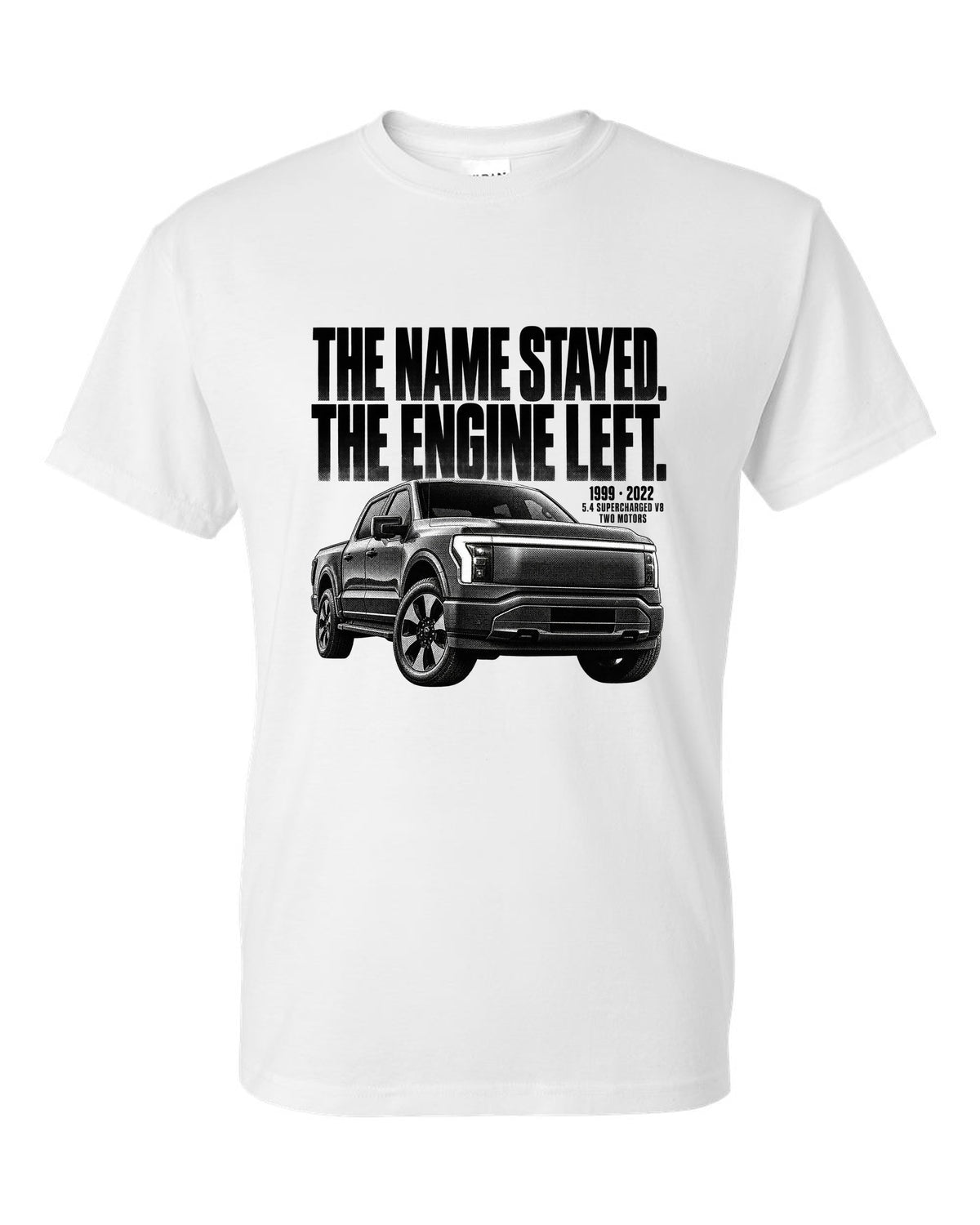 Halftone Ford F-150 Lightning 2022 front three-quarter with 1999 versus 2022 text white t-shirt front view with the design