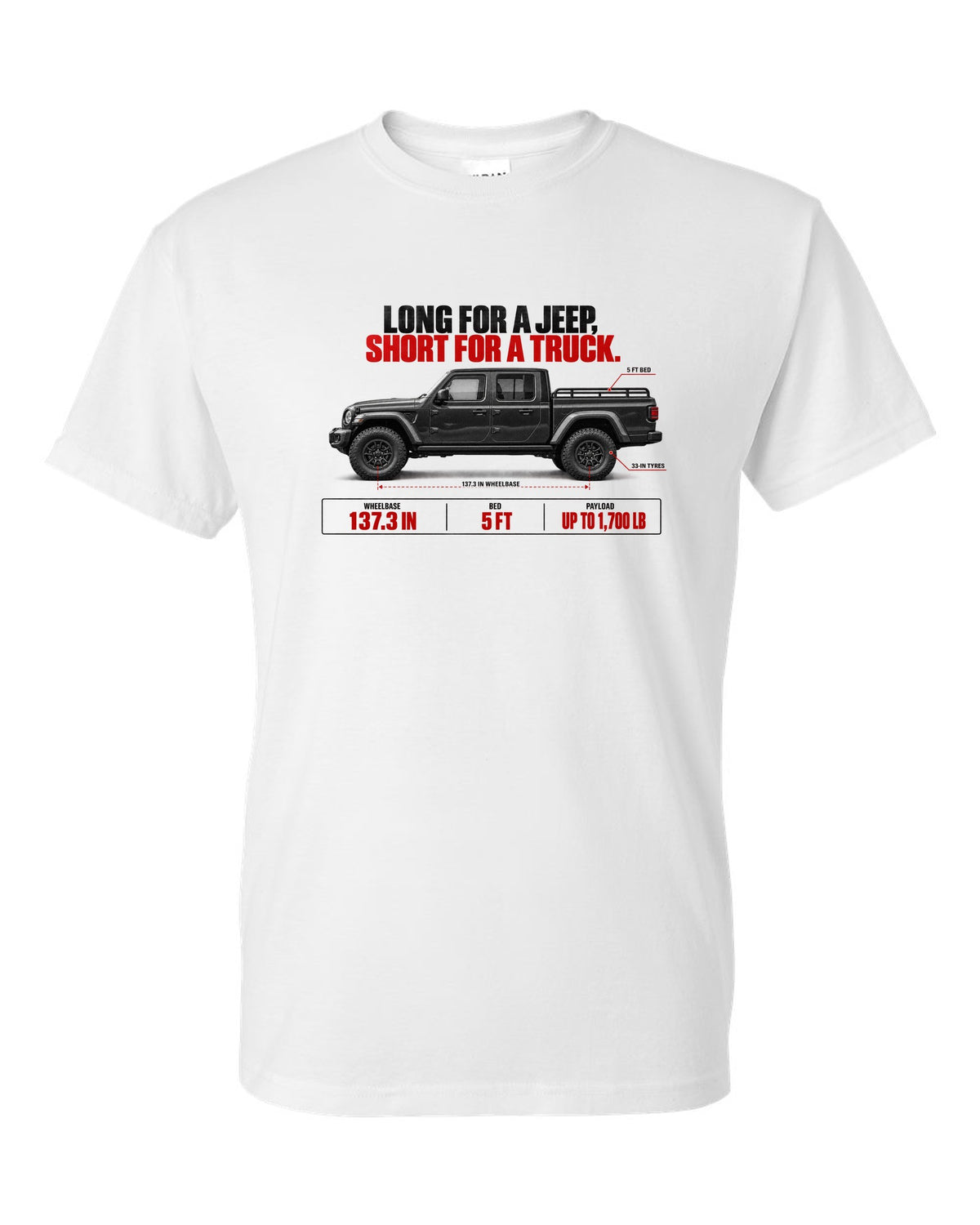 Jeep Gladiator JT spec poster print with wheelbase and payload figures white t-shirt front view with the design