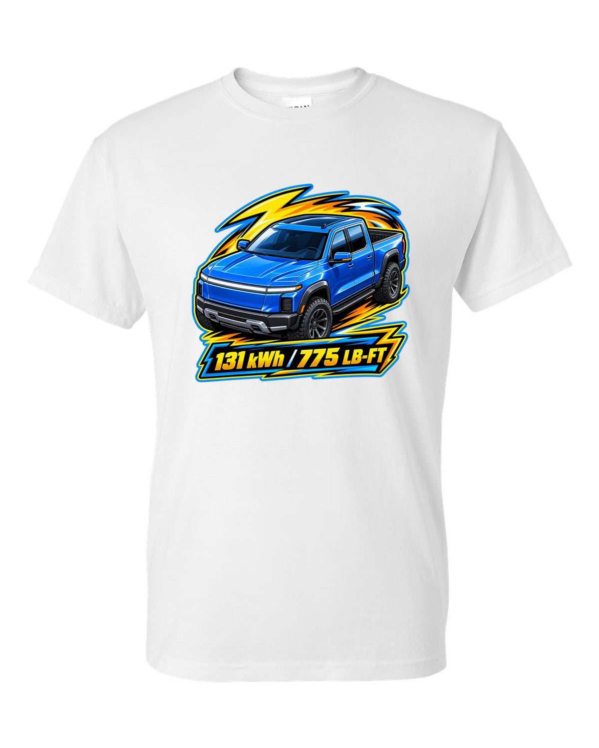 Ford F-150 Lightning EV on a die-cast toy card style print white t-shirt front view with the design