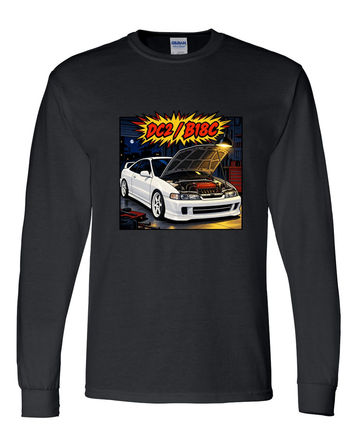 Comic book panel action burst print of a Honda Integra Type R DC2 with bonnet up and B18C text black long sleeve front view with the design