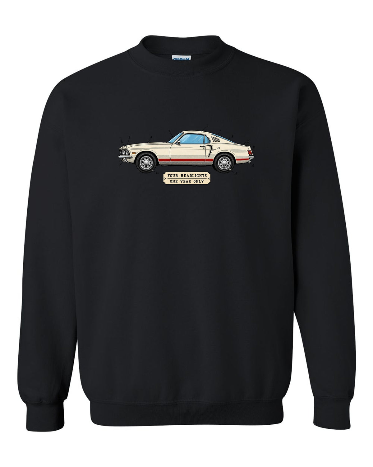 1969 Ford Mustang Fastback Patent Sheet Profile black crewneck front view with the design
