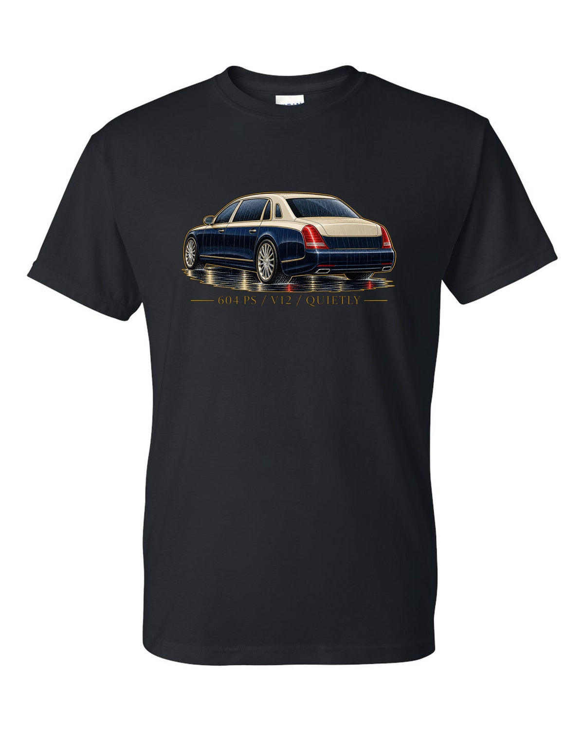 Single-line contour drawing of a Maybach 57 S W240 in rain with 604 PS V12 Quietly text black t-shirt front view with the design