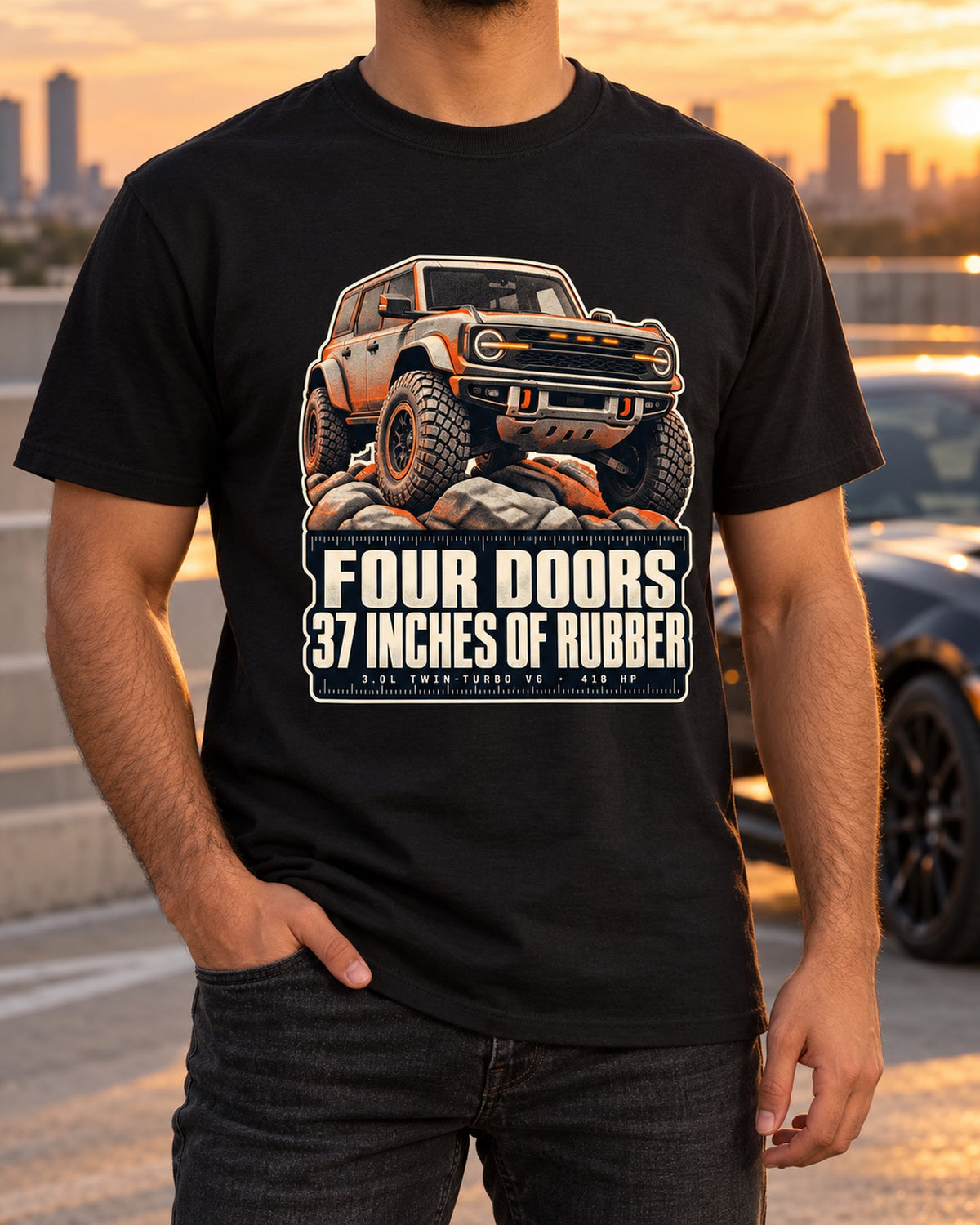 Ford Bronco Raptor Halftone Shirt, Four Doors 37 Inches T-Shirt Black worn hero