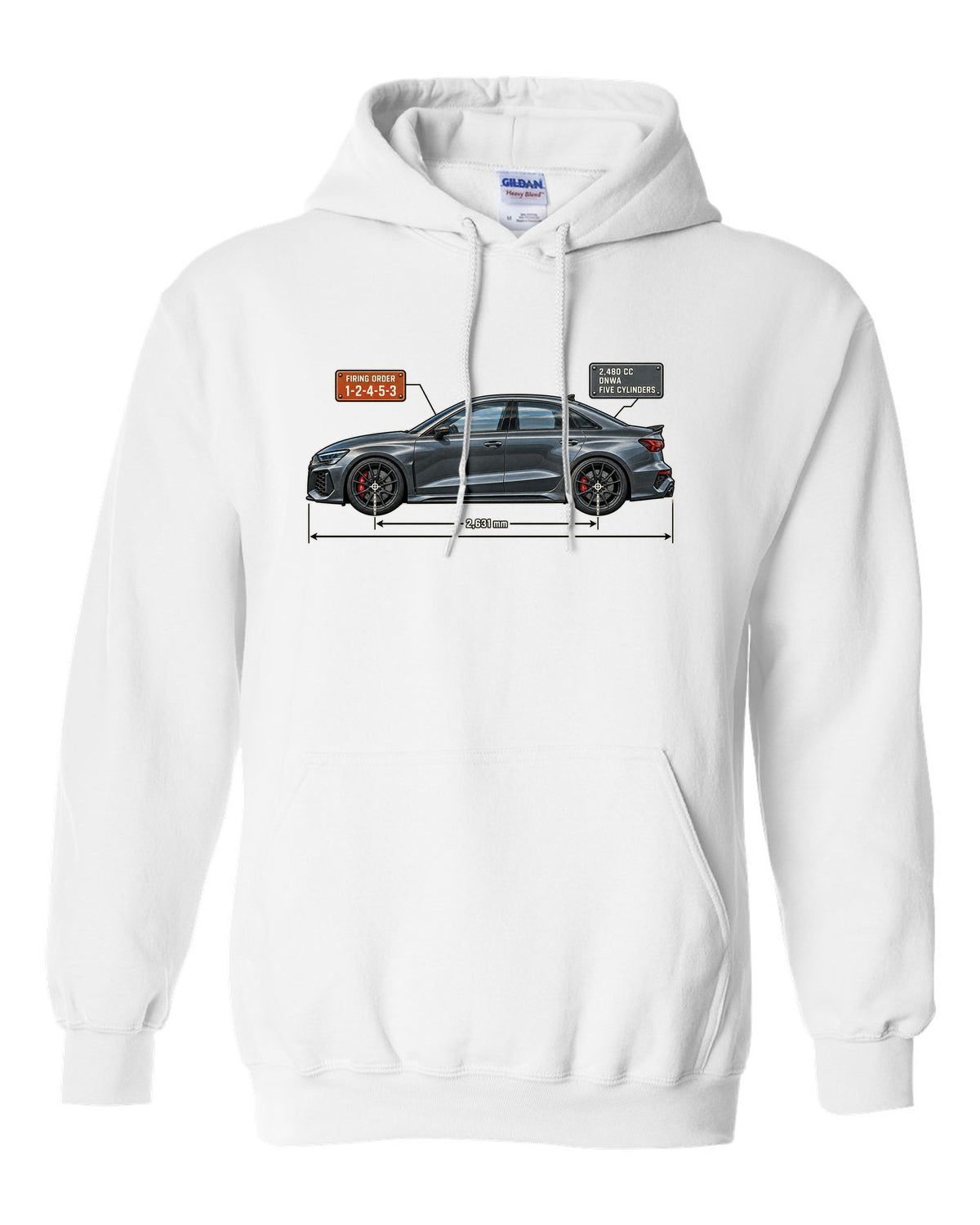 Blueprint of the Audi RS3 8Y sedan with 1-2-4-5-3 firing order white pull over hoodie front view with the design