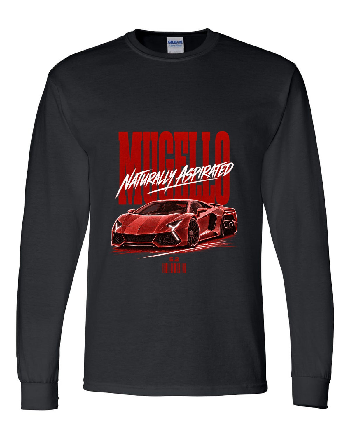 Street poster print of a Lamborghini Huracan Tecnica LP640-2 with Mugello and Naturally Aspirated text black long sleeve front view with the design