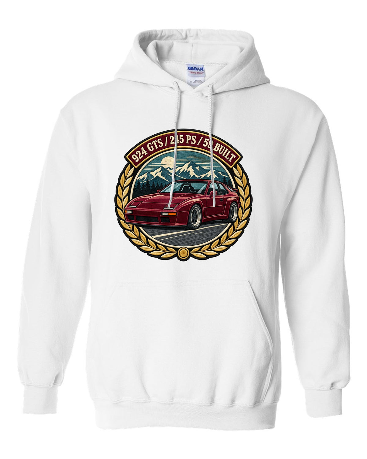 Embroidery-style racing crest for the Porsche 924 GTS with 245 PS and 59 built lettering white pull over hoodie front view with the design