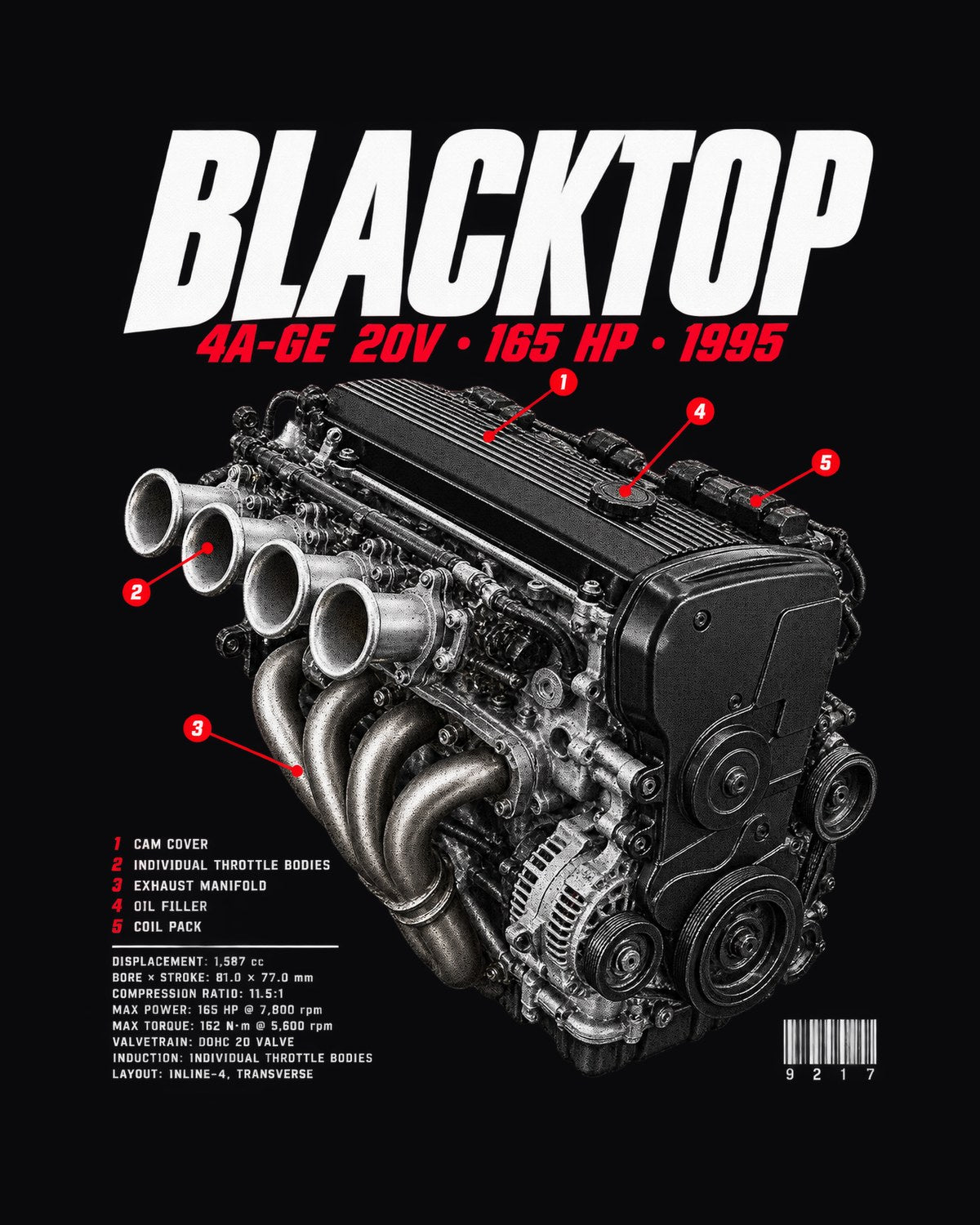 Toyota Corolla Levin AE111 Blacktop 4A-GE 20V Engine Tee design only