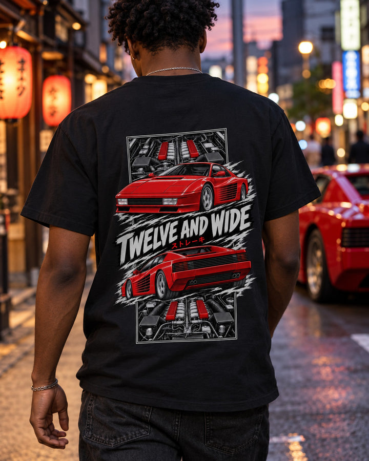 Ferrari Testarossa Torn Poster Full-Back Graphic Tee T-Shirt Black worn hero