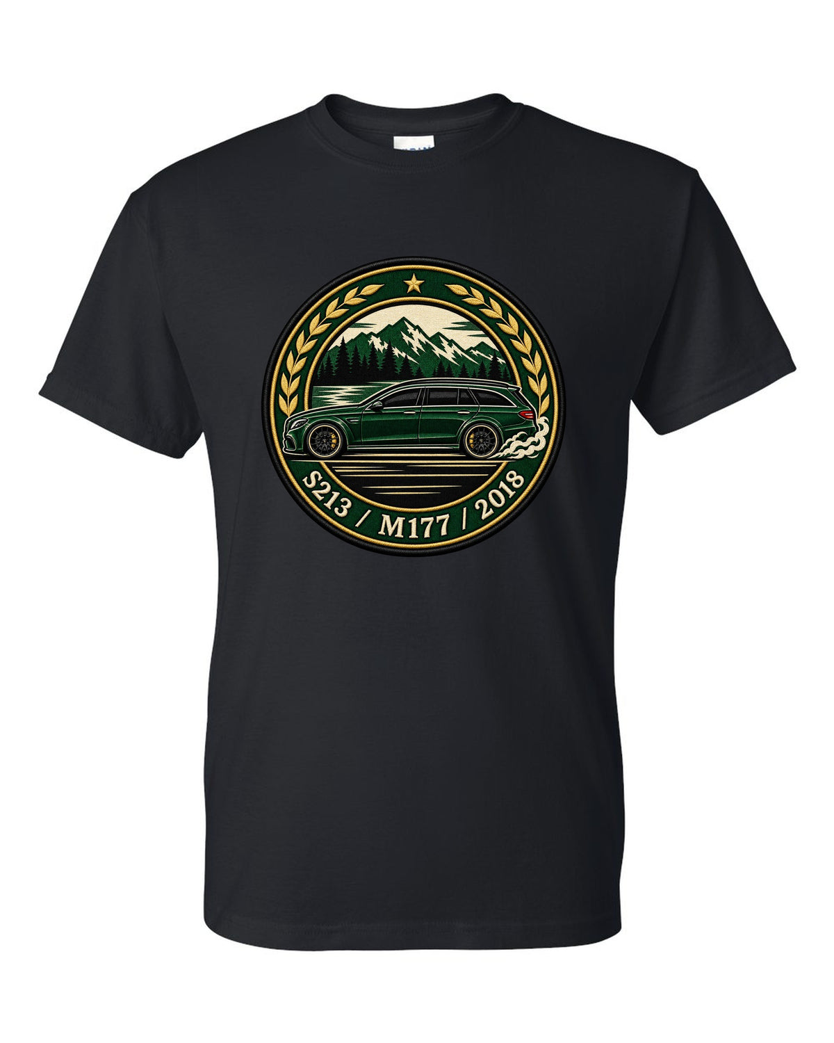 Embroidery-style varsity crest of a Mercedes E63 AMG Wagon S213 with M177 black t-shirt front view with the design