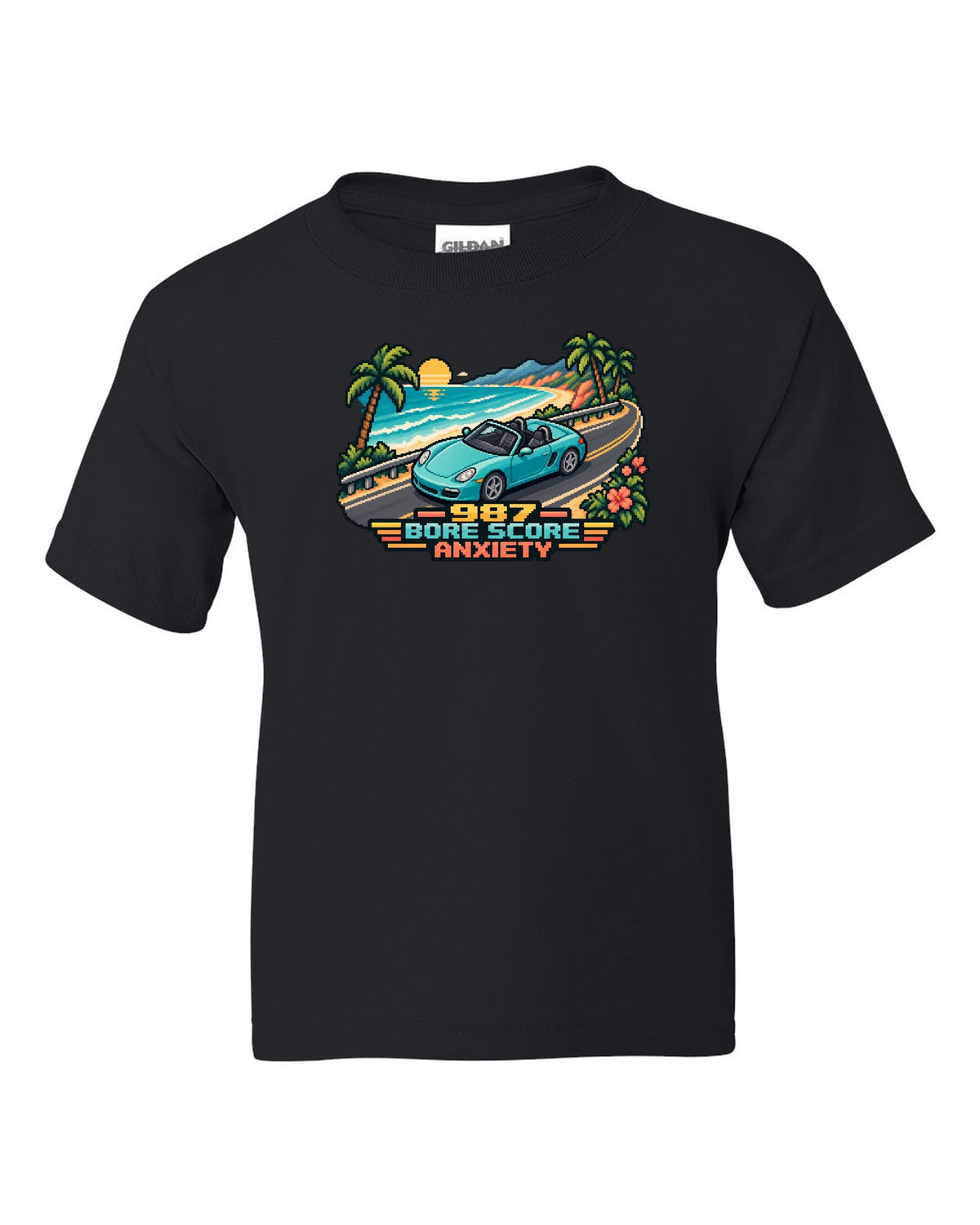 Porsche Boxster 987 isometric pixel art roadster with bore score anxiety text black kids tee front view with the design