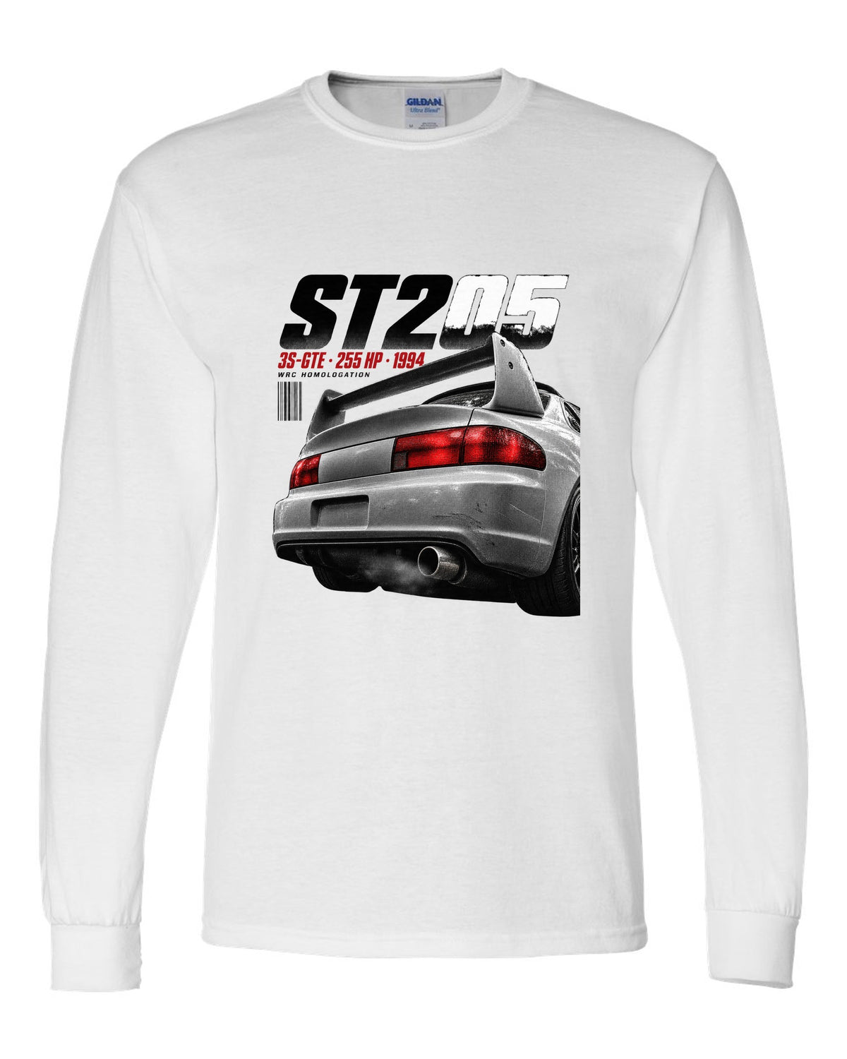 Macro detail of the Toyota Celica GT-Four ST205 rear wing with 3S-GTE text white long sleeve front view with the design