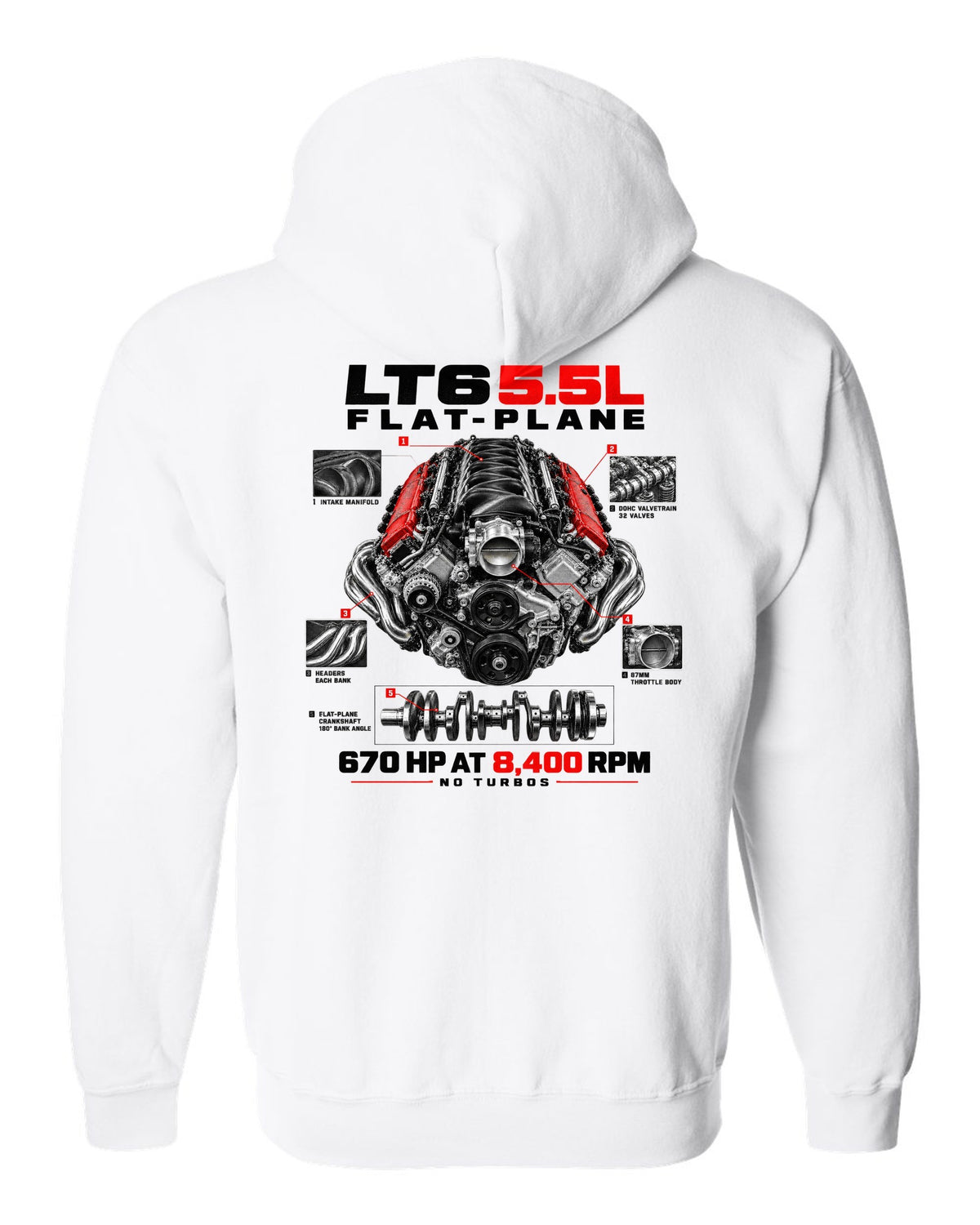 Corvette C8 Z06 LT6 5.5L flat-plane engine with central exhaust tips white zip hoodie back view with the design