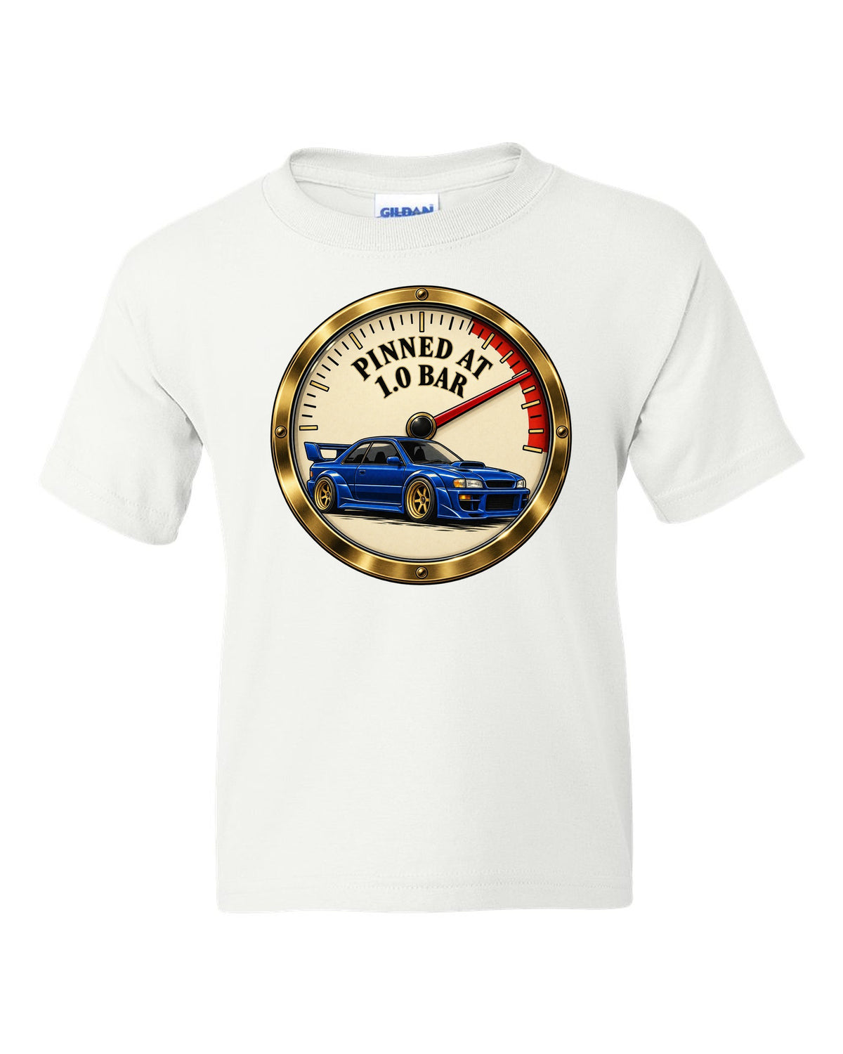 Dyno chart and spec sheet design for a Subaru Impreza WRX GC8 saloon with EJ20 white kids tee front view with the design