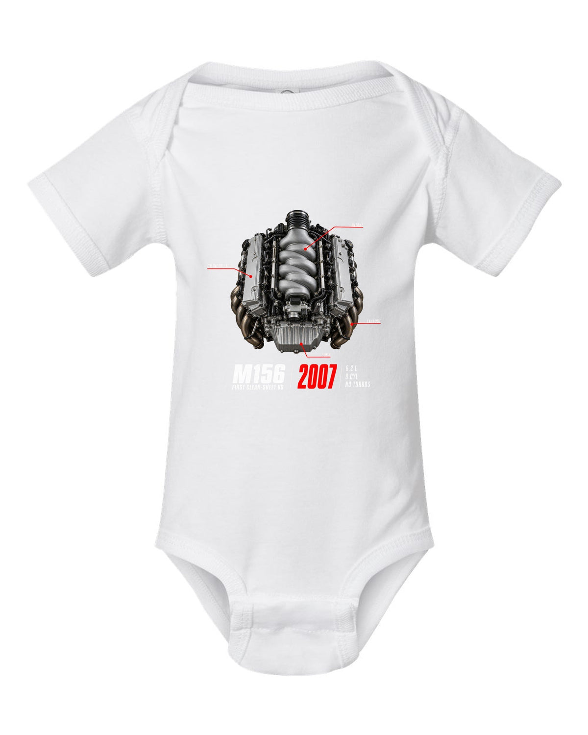 Mercedes C63 AMG W204 M156 V8 engine hero print with first clean-sheet V8 text white baby onesie front view with the design