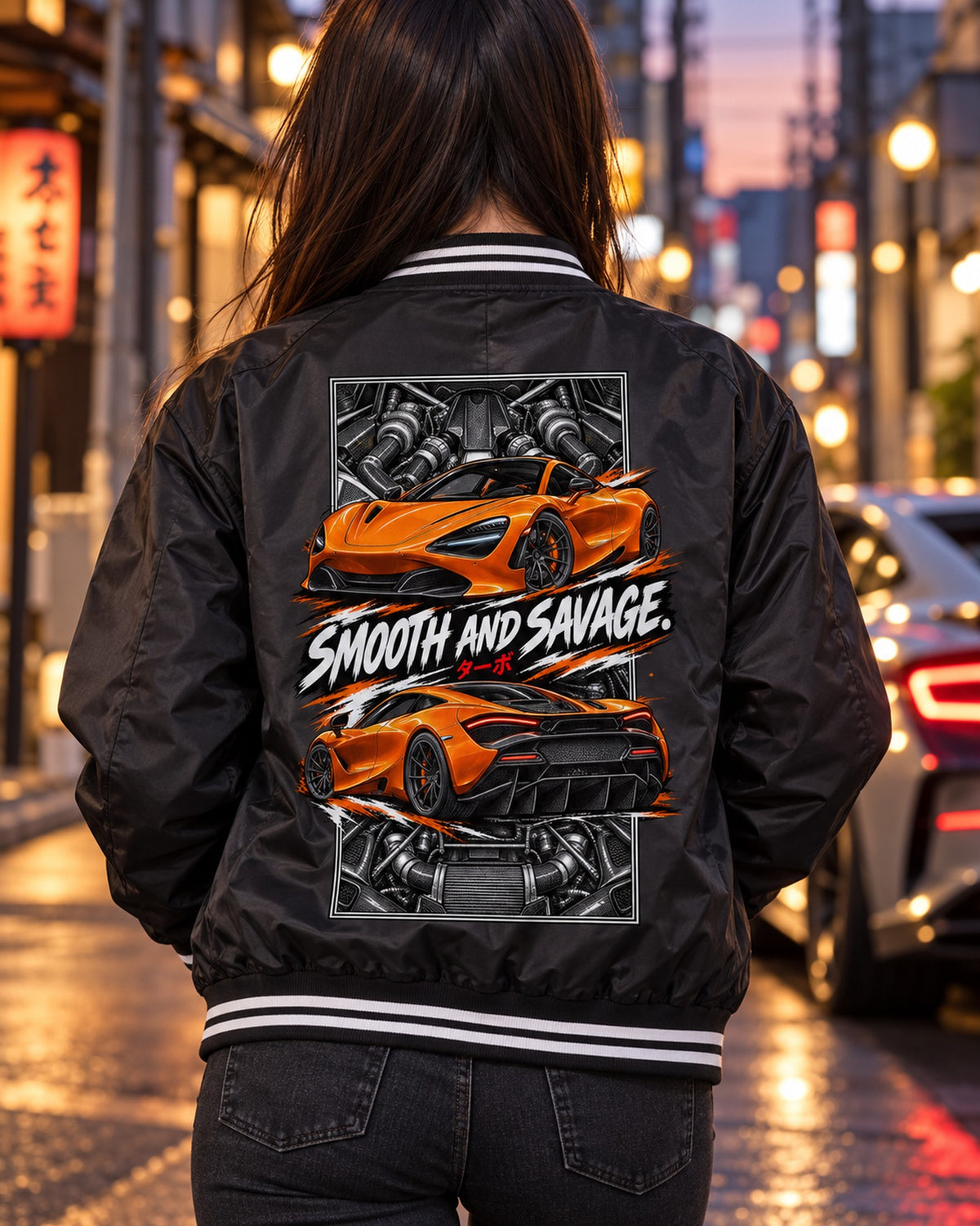 Mclaren 720S Torn Poster Full-Back Graphic Tee Bomber Jacket Black worn hero