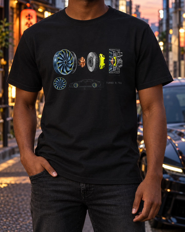 Porsche Taycan Turbo S 9J1 Wheel Schematic Shirt, Car Guy T-Shirt Black worn hero