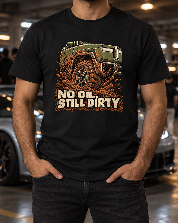 Rivian R1T Linocut Shirt, No Oil Still Dirty Truck Tee T-Shirt Black worn hero