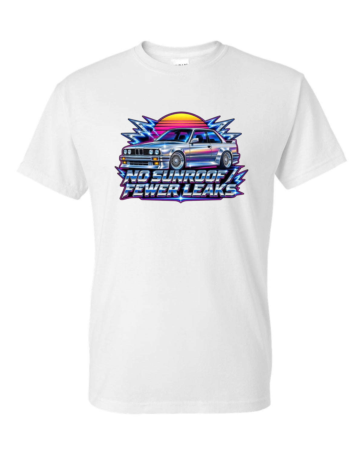 80s chrome airbrush print of a BMW E30 M3 with no sunroof fewer leaks text white t-shirt front view with the design