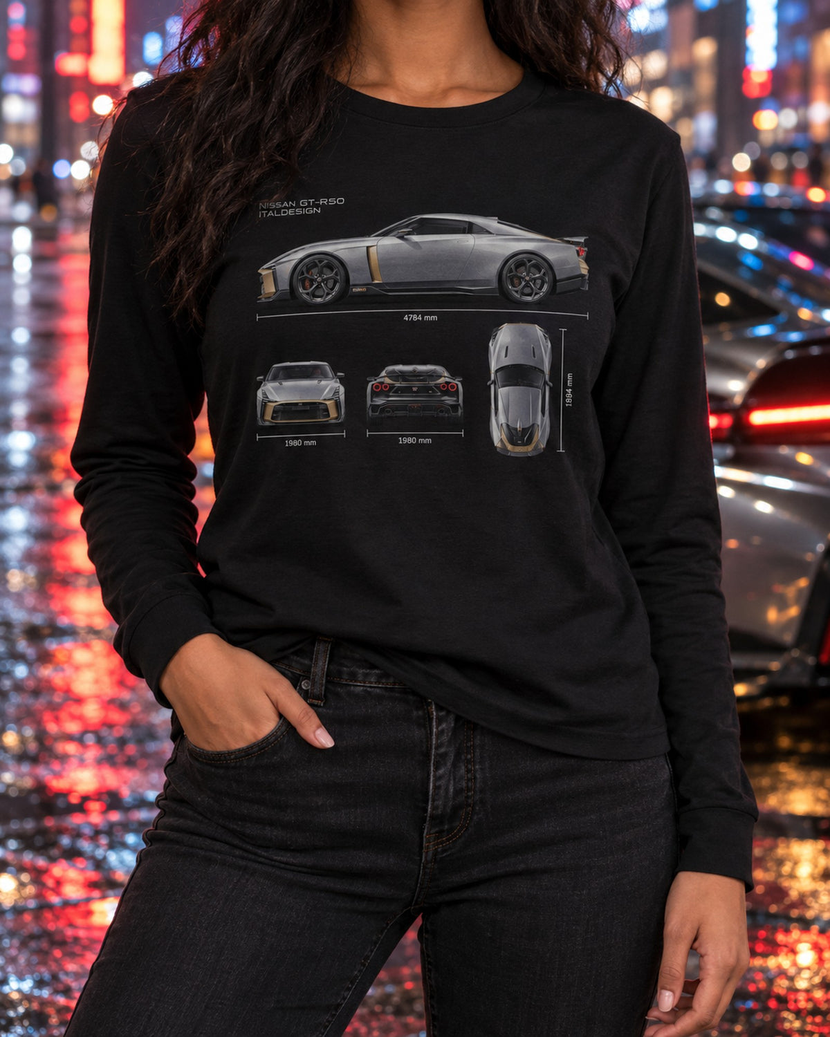 Nissan GT-R50 Italdesign Spec Poster Shirt, 50 Units Only Long Sleeve Black worn hero