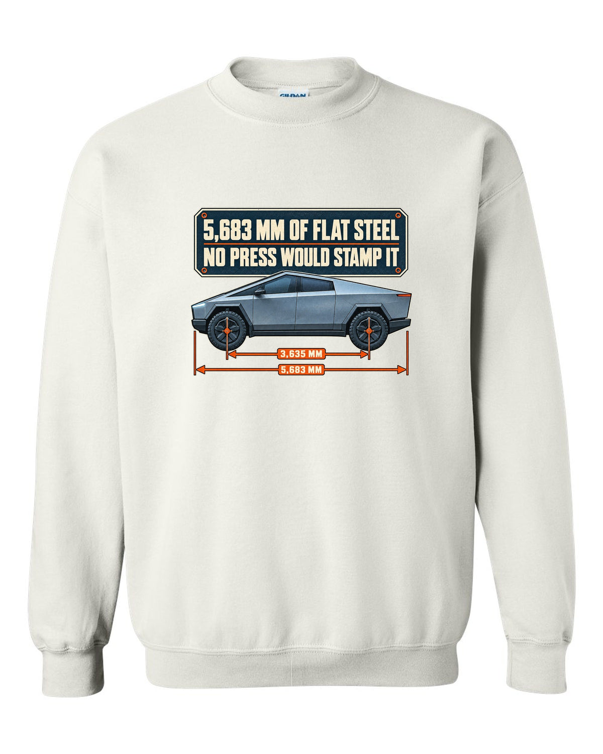 Dimension blueprint print of a Tesla Cybertruck with 5,683 mm length white crewneck front view with the design