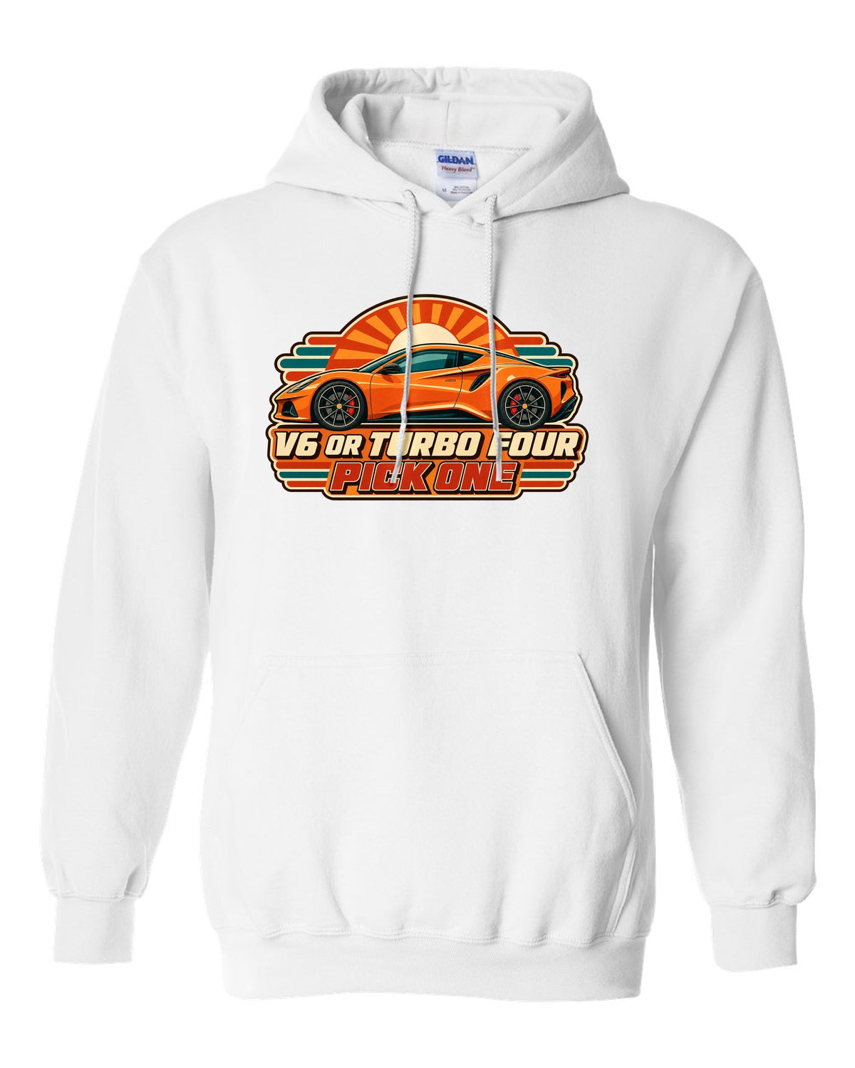 Lotus Emira in retro Japanese showa ad style with V6 OR TURBO FOUR PICK ONE lettering white pull over hoodie front view with the design