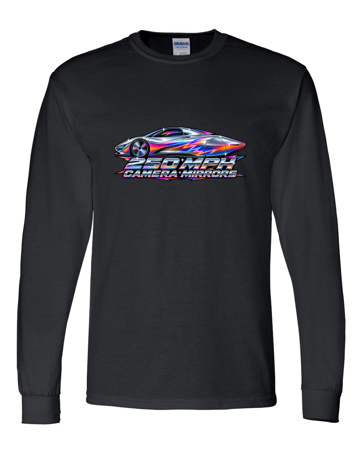McLaren Speedtail in 80s airbrush chrome style with 250 MPH and camera mirrors lettering black long sleeve front view with the design