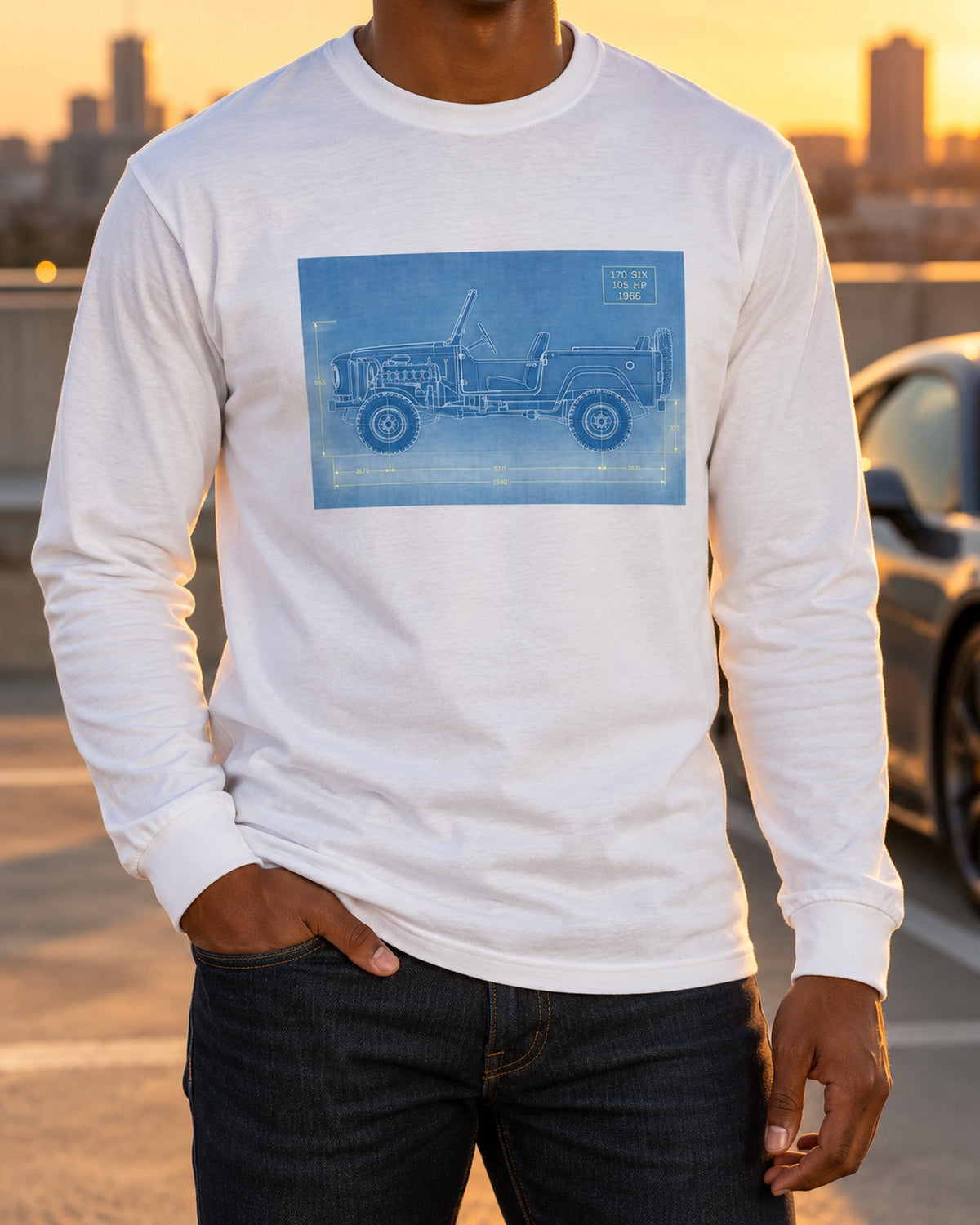 1966 Ford Bronco U13 Roadster Dawn Trailhead Blueprint Shirt Long Sleeve White worn hero