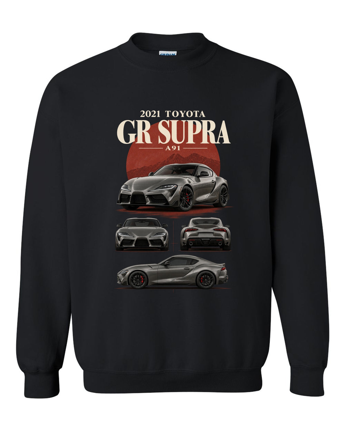 Graphite halftone front three-quarter of the Toyota GR Supra A90 with Made in Graz text black crewneck front view with the design